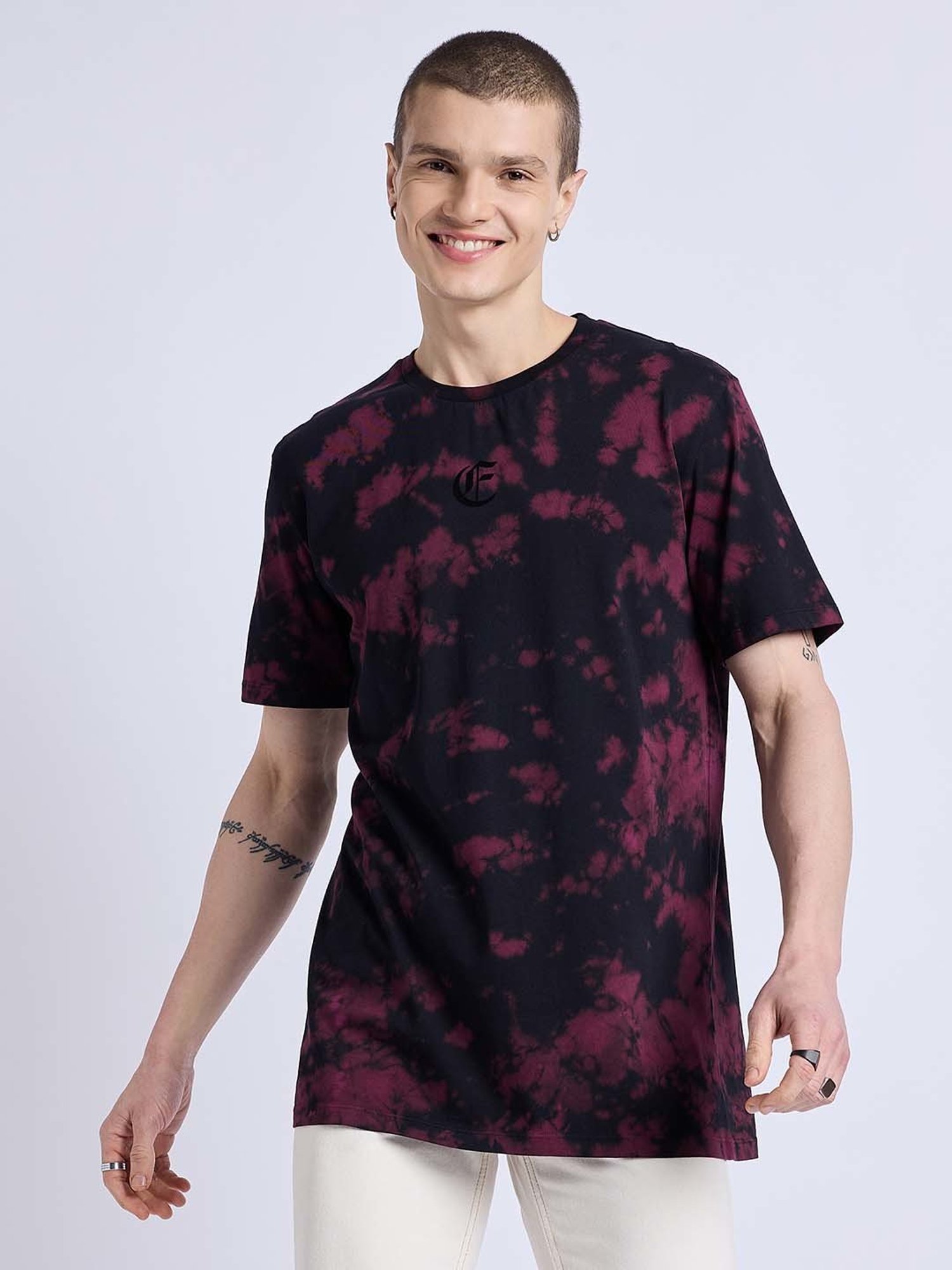 EDRIO Charcoal Regular Fit Tie - Dye Crew T-Shirt