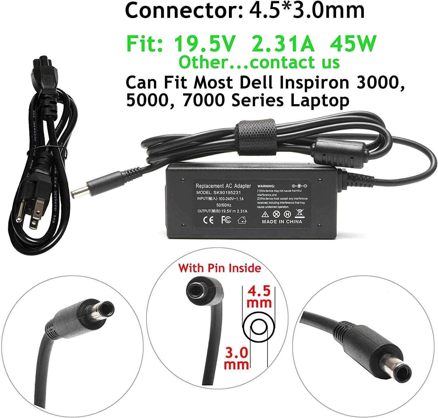 45W 19.5V 2.31A AC Adapter Charger Replacement for Dell Vostro 14 15 3358 3458 3459 3468 3549 3551 3558 3559 3561 3568 5459 5468 5568 PA-1900-32D,Dell Inspiron 11 13 15 17 3000 5000 7000 Series