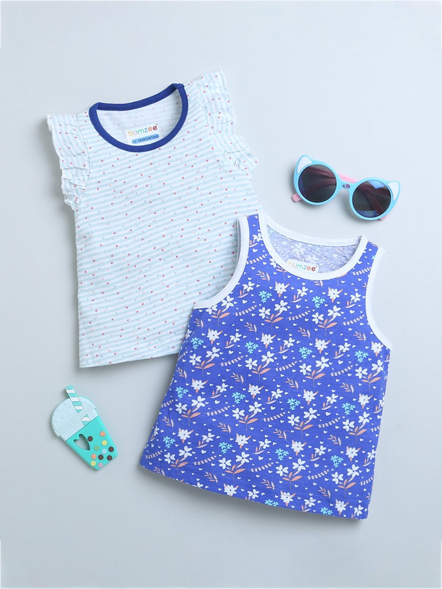 Bumzee Kids Royal Blue & White Floral Print Top (Pack Of 2)