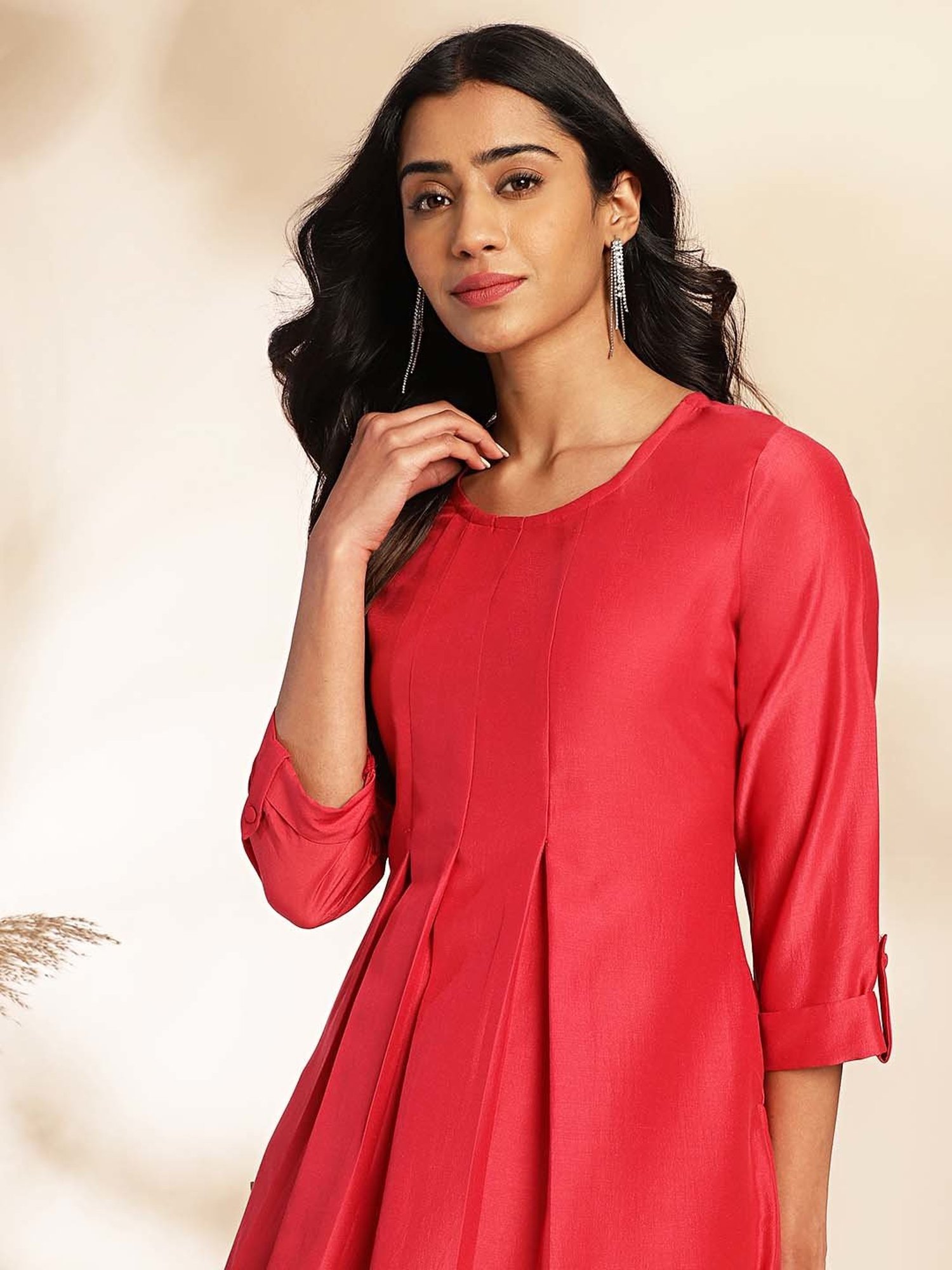 Janasya Pink & Beige Regular Fit Kurta Pant Set