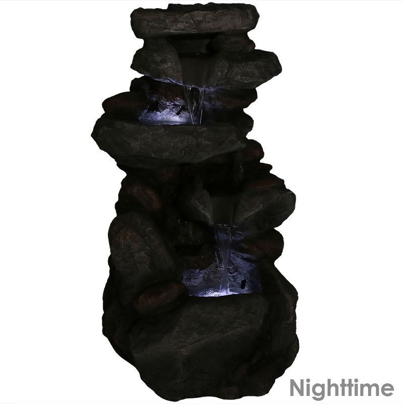 34"H Polystone Rock Falls Outdoor Fountain with LED Lights - Sunnydaze Decor