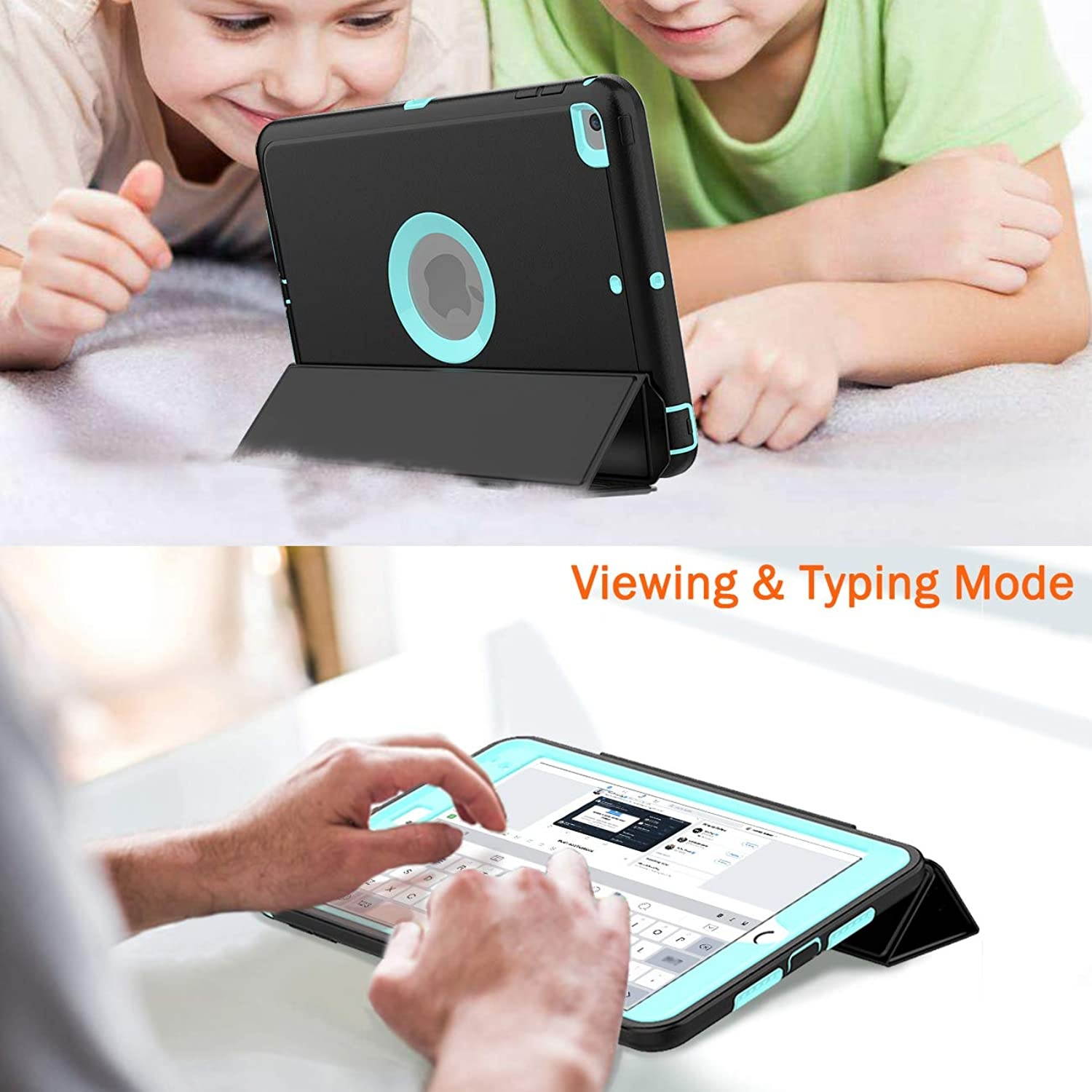 DUNNO iPad Mini 5th gen Case - Full-Body Three Layer Shockproof Folio Protective Case Whit Auto Sleep/Wake Up Stand & Pencil Holder for iPad Mini 5 / iPad Mini 4 (Black/Light Blue)