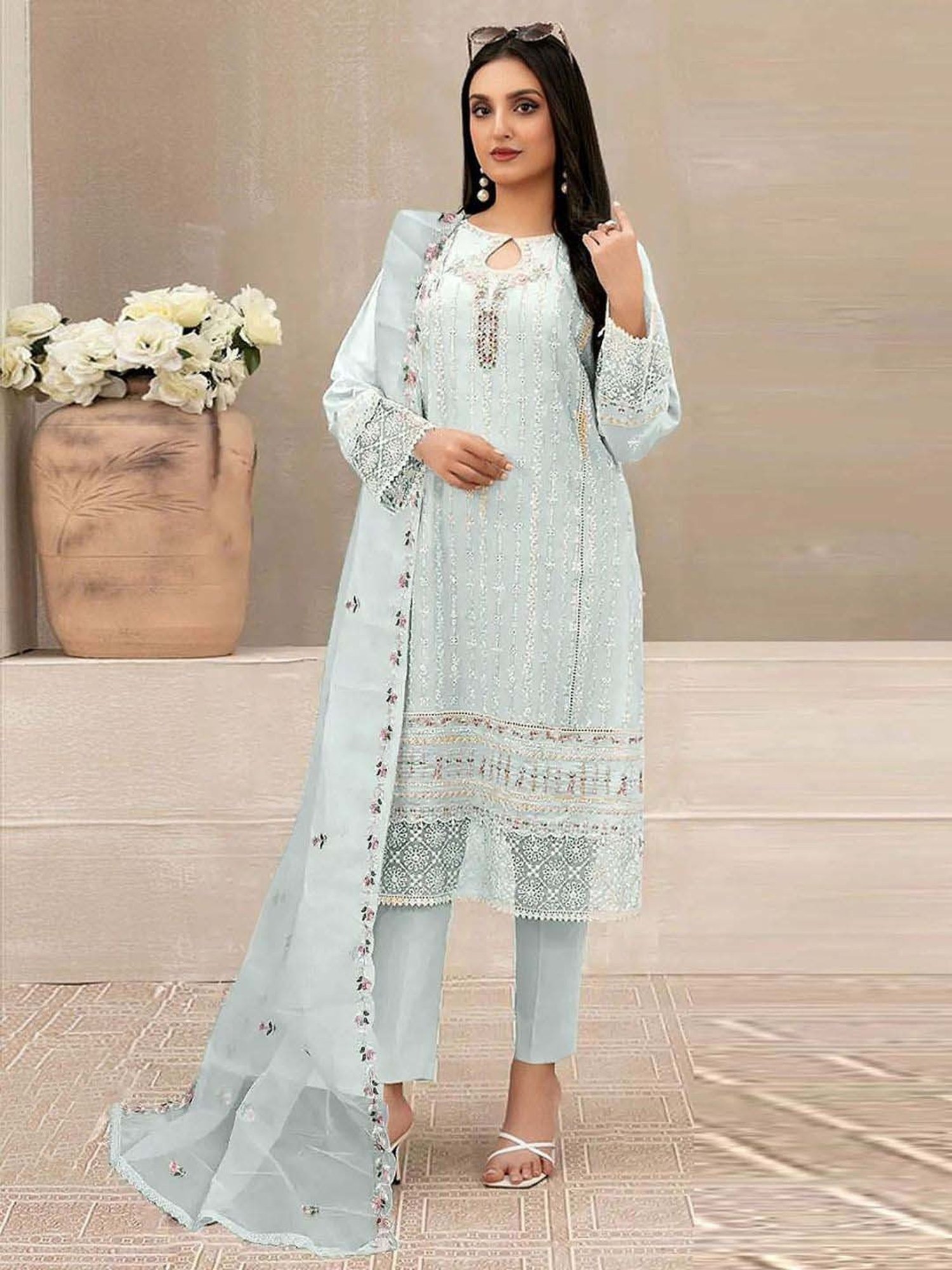 Odette Blue Embroidered Semi Stitched Dress Material