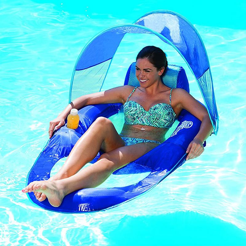 SwimWays 6060073 Spring Float Recliner with Canopy Comfortable Fabric Summertime Pool Lounge Seat with Cup Holder for Water Fun at the Beach, Blue