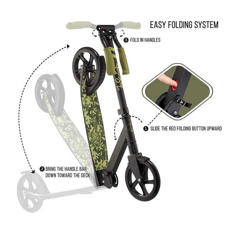 LaScoota Premium Teen Adult Adjustable Portable Folding Kick Scooter w/ Lightweight Wide Non Slip Deck and Carry Strap, Camouflage
