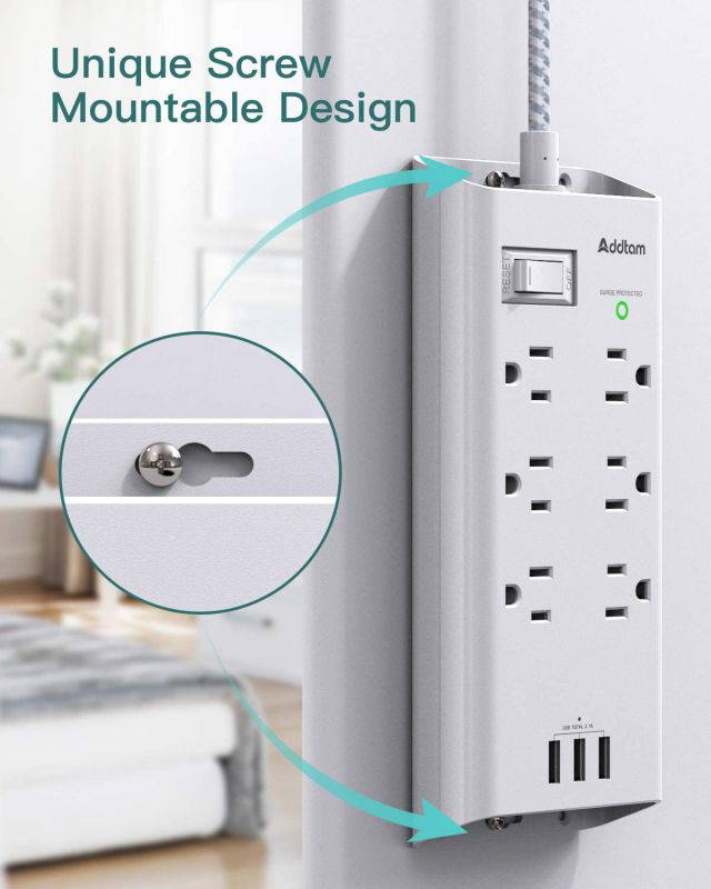 Power Strip Surge Protector, 6 Outlets and 3 USB Ports 5Ft Long Extension Cord, Flat Plug Overload Surge Protection Outlet Strip, Wall Mount for Home, Office and More, ETL Listed