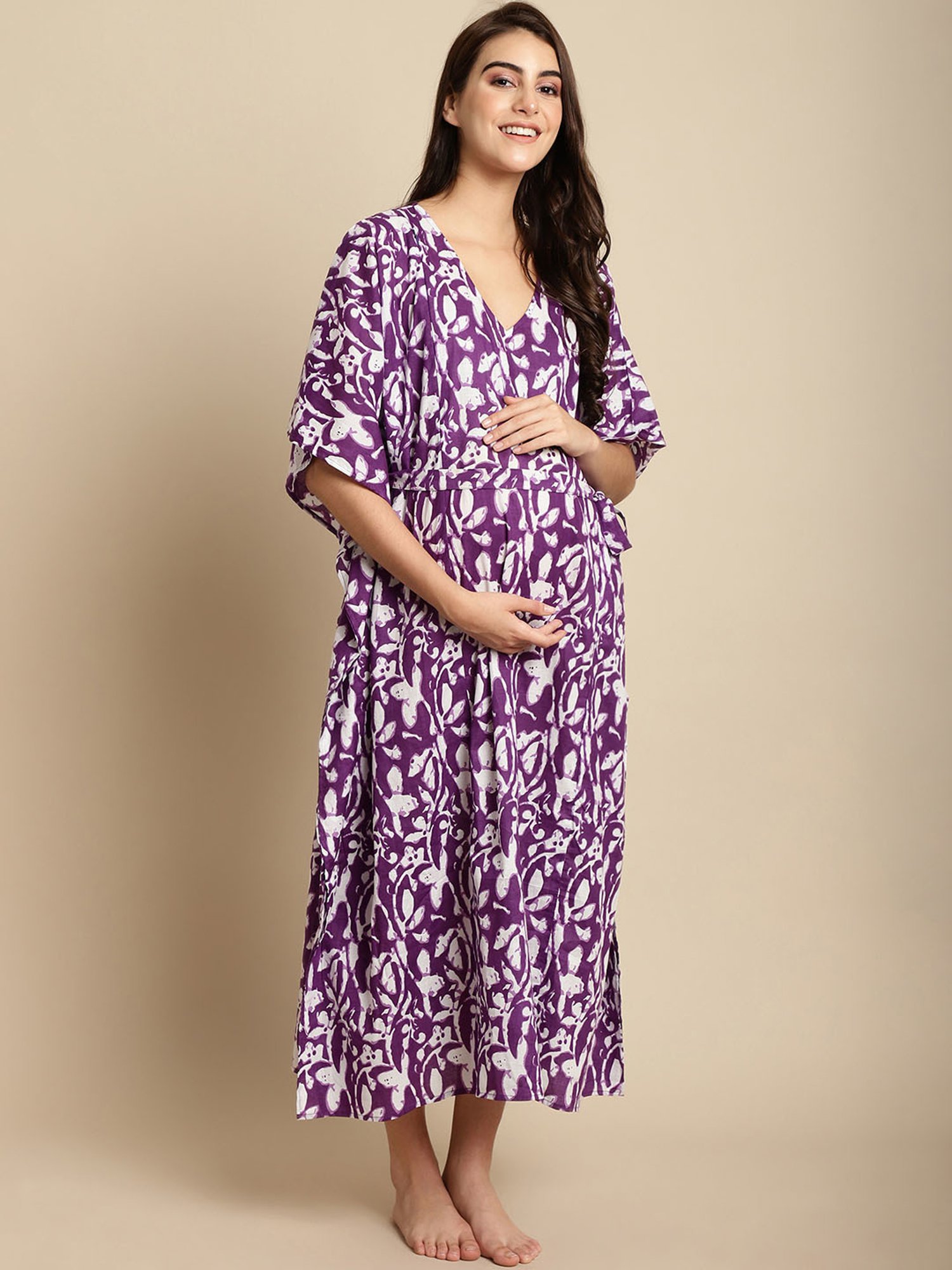 Secret Wish Purple Floral Print Maternity Kaftan Nighty