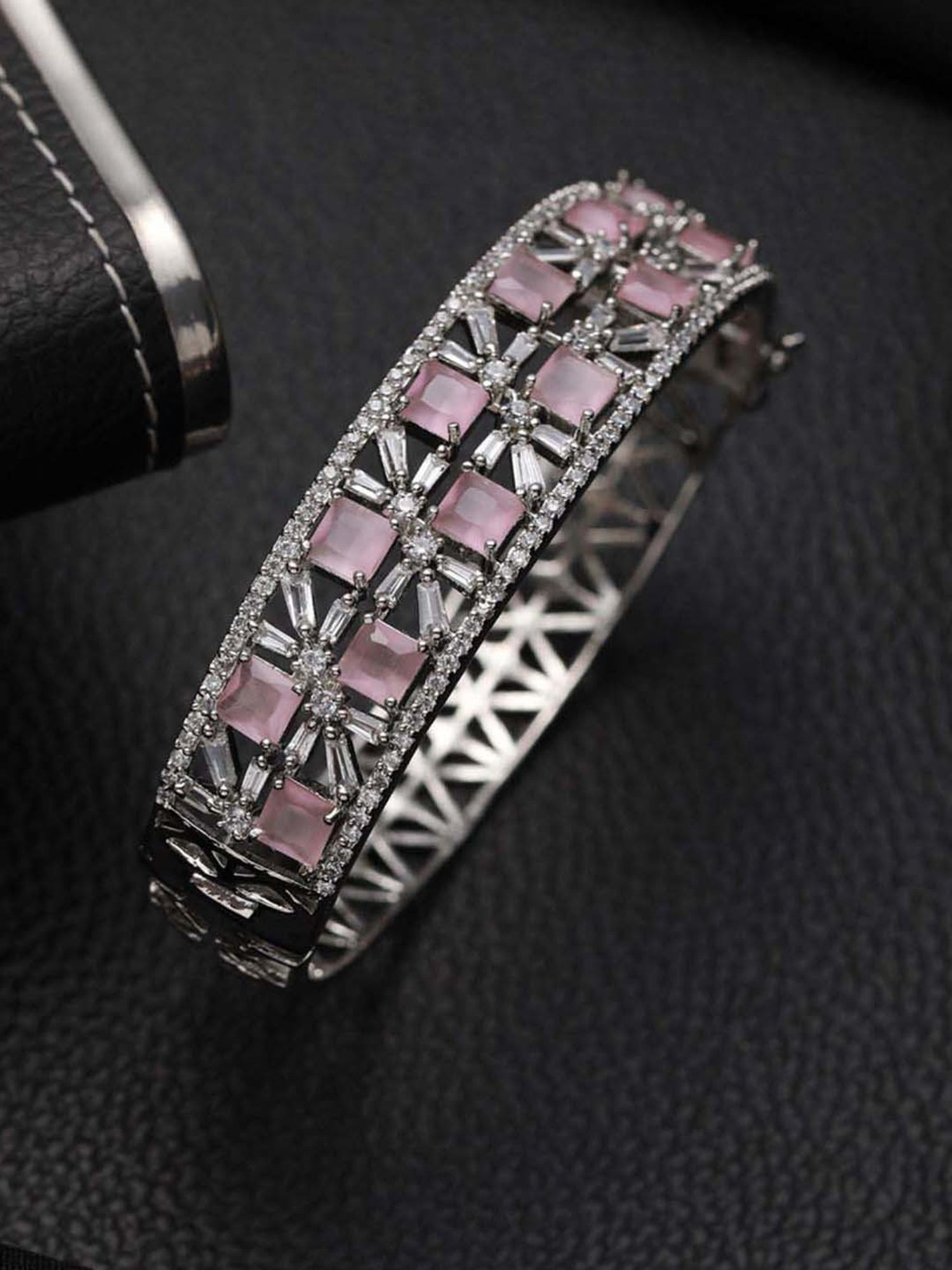 Jazz & Sizzle Silver-Plated Pink AD Studded Handcrafted Bangle Style Bracelet for Women