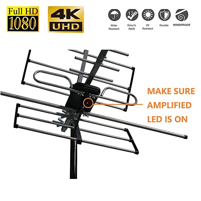 Digital Amplified Outdoor HDTV Antenna - 120 Miles Range - Built-in Amplifier - Performance in UHF/VHF - 40 feet RG6 Coax Cable - Tools Free Installation