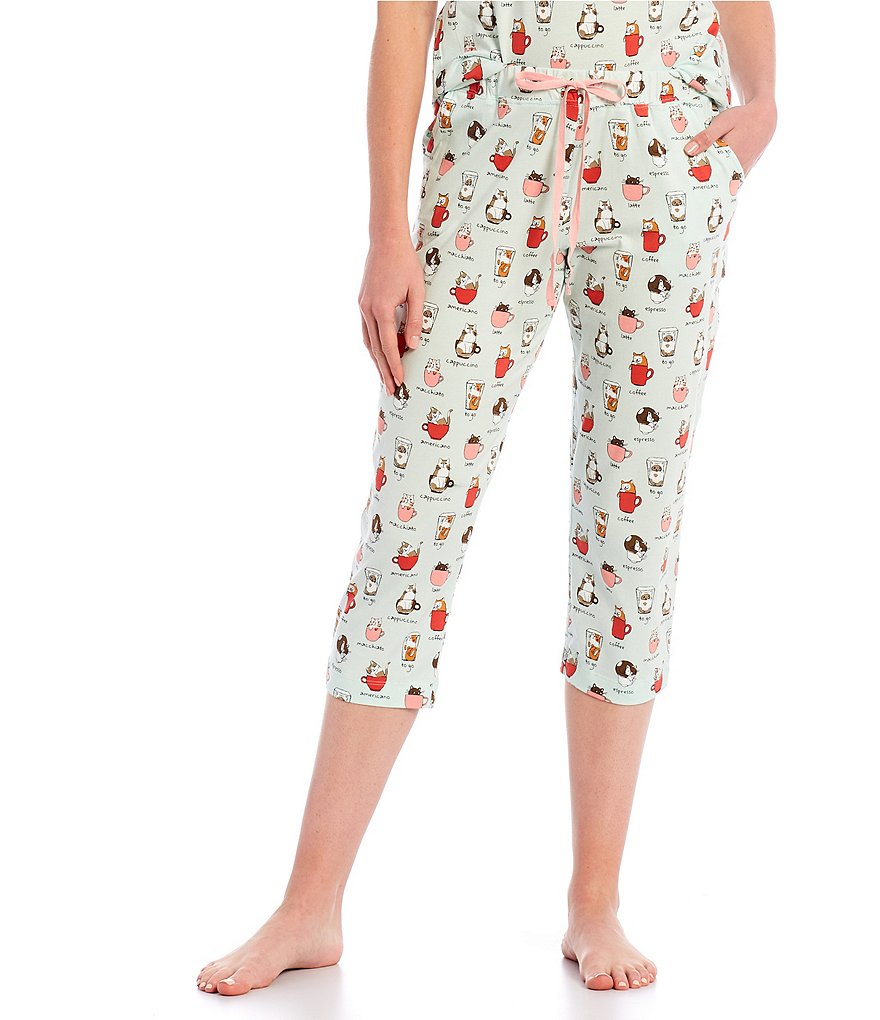 Sleep Sense Cats & Coffee Print Knit Capri Coordinating Sleep Pants