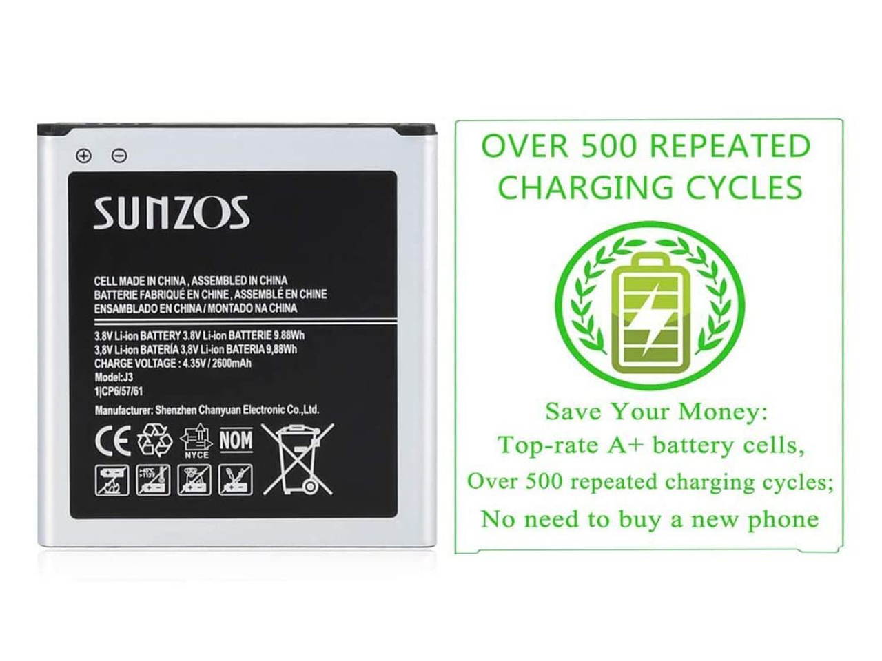 Galaxy J3 Battery, SUNZOS 2600mAh Replacement Battery for Samsung Galaxy Grand Prime SM-G530, Galaxy J5, Galaxy J3 J320A J320V EB-BG530BBU EB-BG530BBE J5-G530P