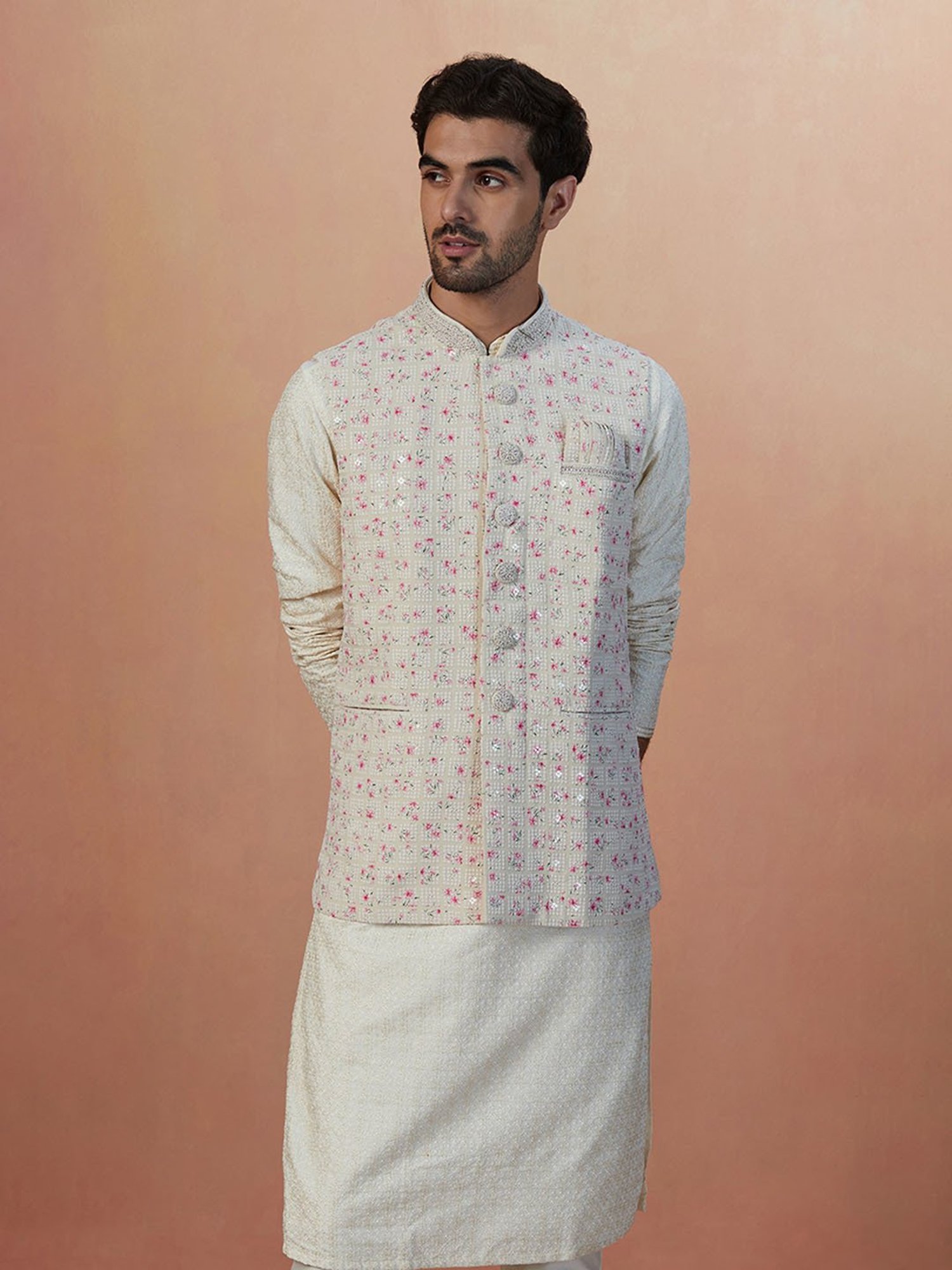 Manyavar Beige Regular Fit Self Design Nehru Jacket