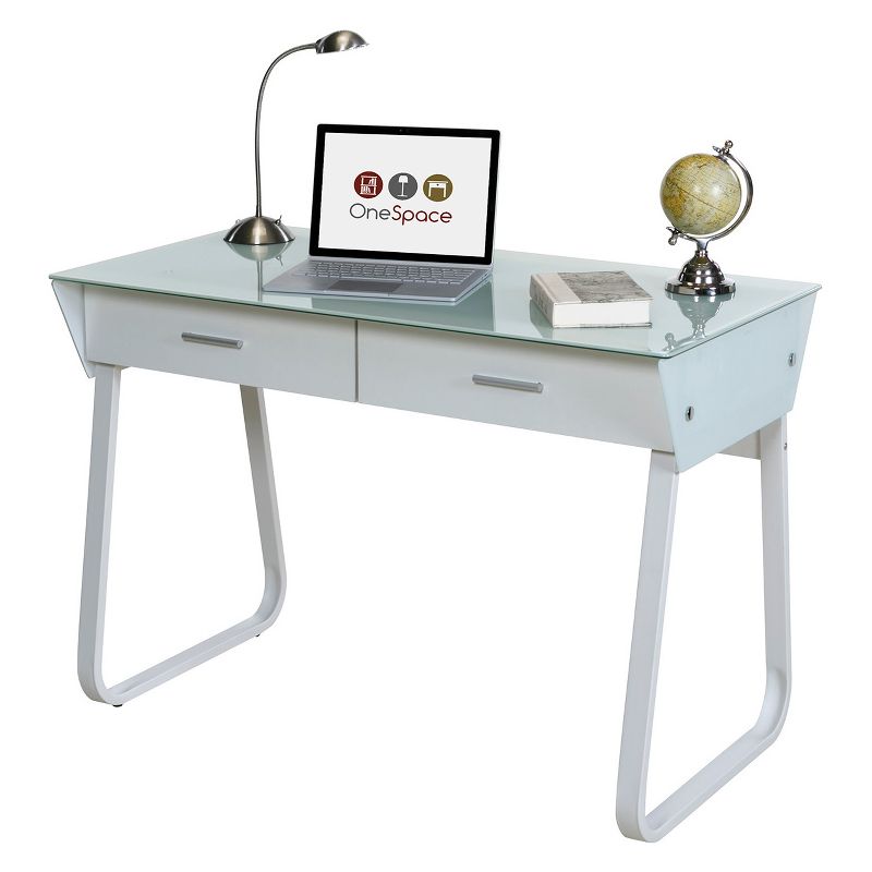 Ultramodern Glass Computer Desk with Drawers Steel Frame White - OneSpace