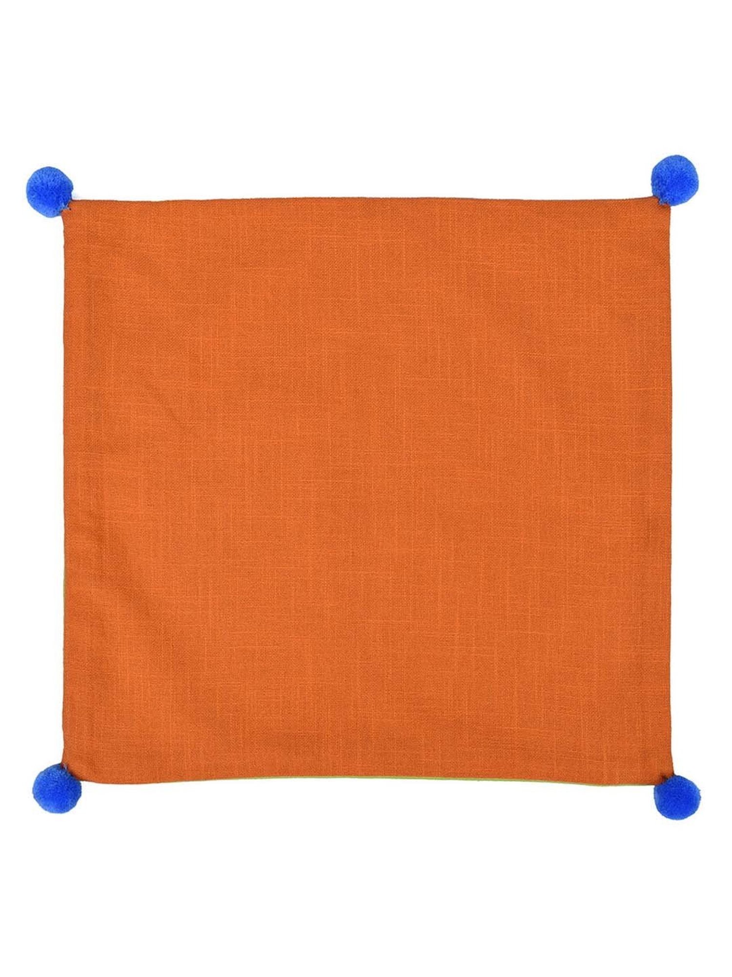@home Orange & Green Cotton Two Sided Pom Pom Cushion Cover With Zipper