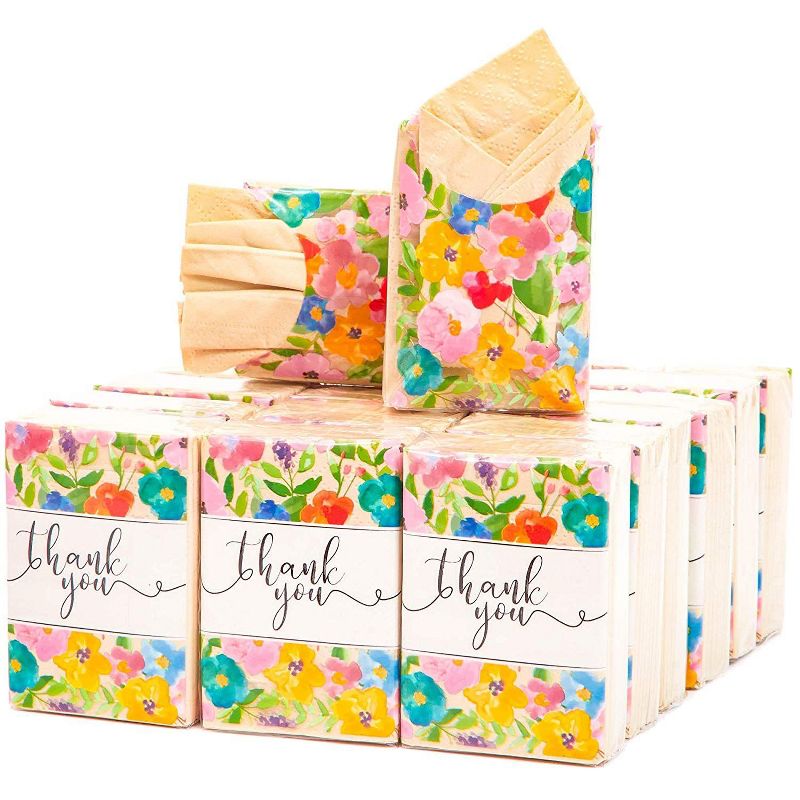 Sparkle and Bash 60-Pack Natural Bamboo THANK YOU Floral Print Travel Pocket Facial Tissues Packs