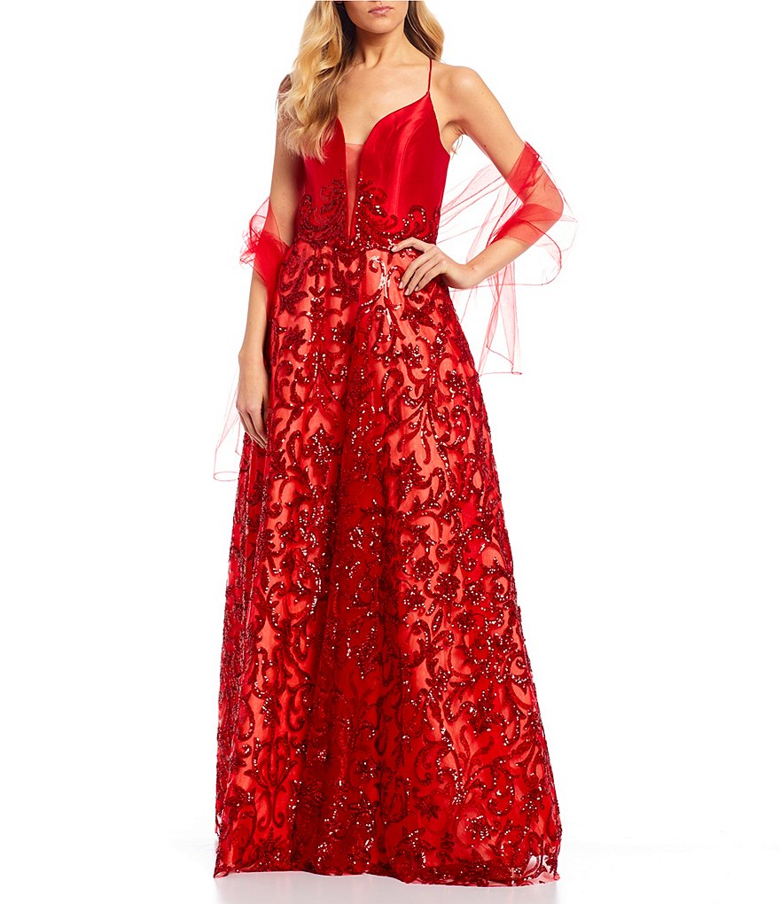Coya Collection Spaghetti Strap Plunge V-Neck Lace-Up Back Embroidered Floral Sequin Ball Gown