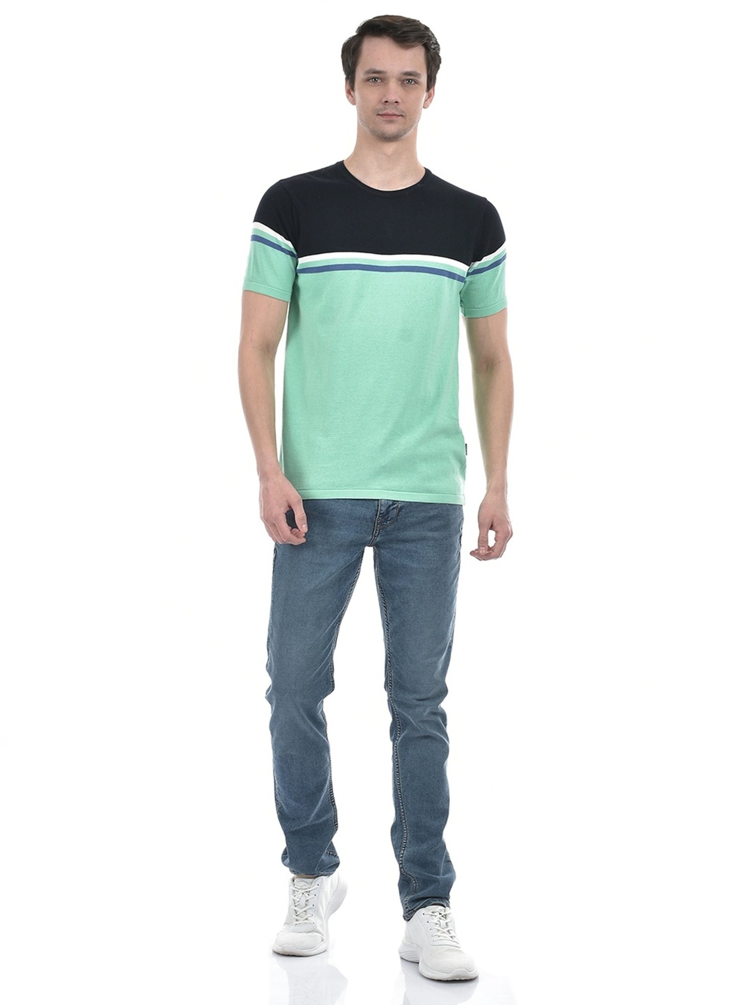 Numero Uno Navy Cotton Slim Fit Colour Block T-Shirt