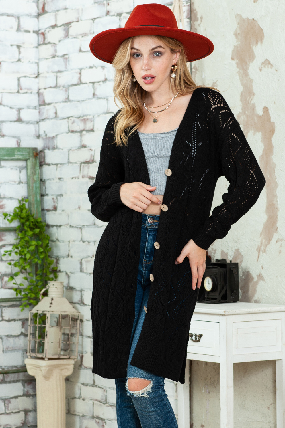 Black Button Up Hollow Out Loose Long Cardigan