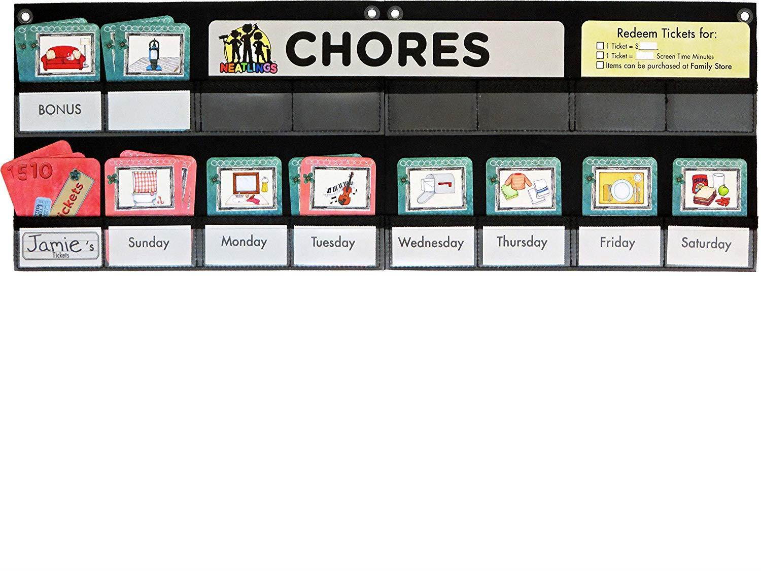 NEATLINGS Chore System - Chore Chart for Kids | 80+ Chores for Toddlers to Teens | Customize for 1 Child | Size 18&rdquo;x12.5&rdquo; | Teal Household Chore Cards/Pink Self-Care Chore Cards