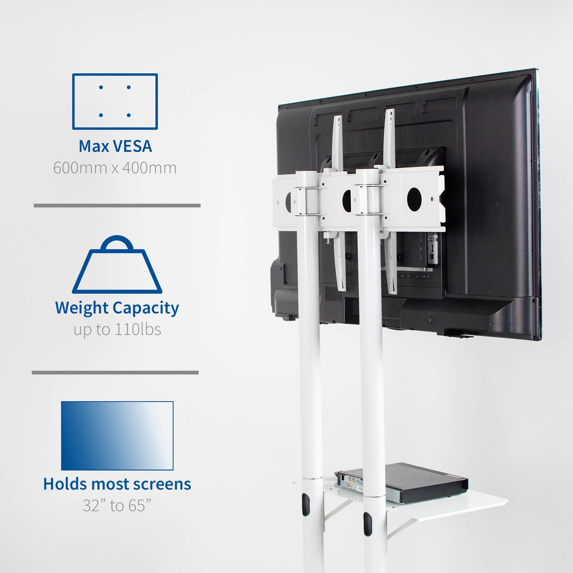 VIVO White Mobile TV Cart for 32" to 65" LCD LED Plasma Flat Panel Screens | Rolling TV Stand with Wheels (STAND-TV03W)