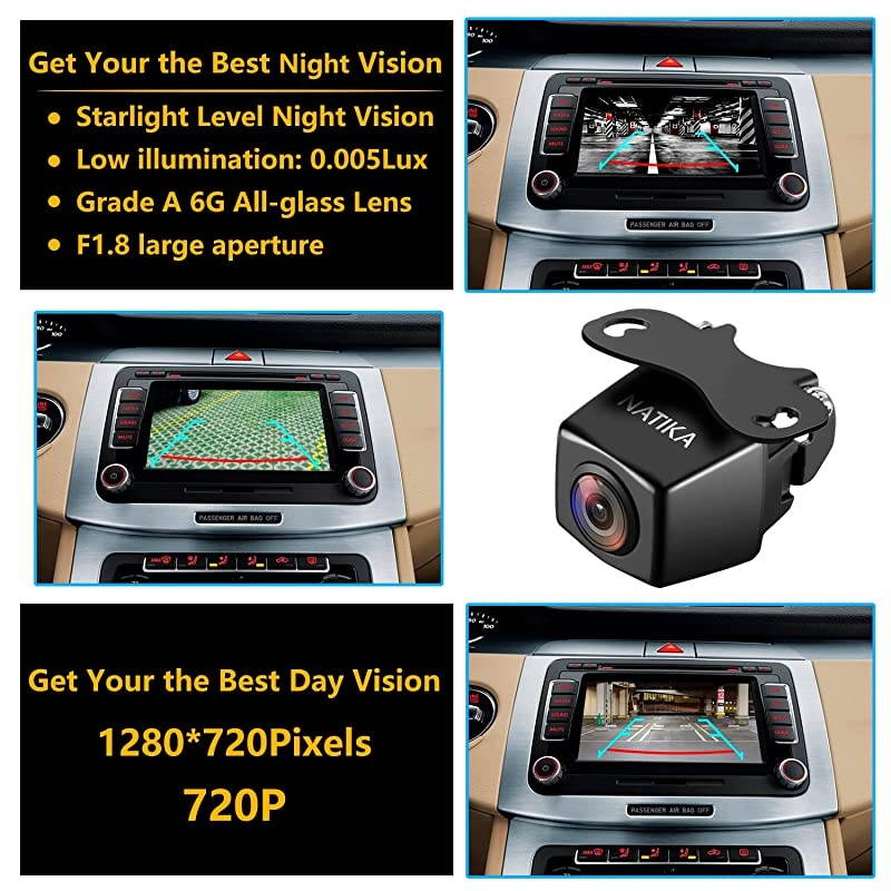 720P BackupFront View Camera IP69K Waterproof Starlight Night Vision Full HD and 210 Degrees Wide View Angle Reverse Rear View Backup Camera for Cars Jeep Pickup Trucks SUV RV Van
