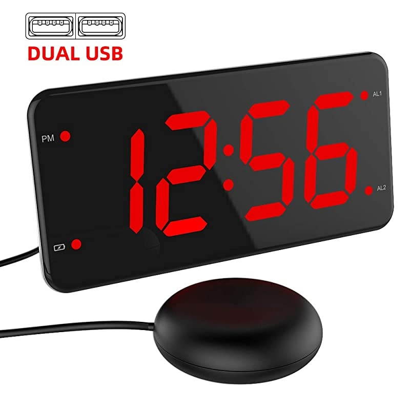 Loud Alarm Clock with Bed Shaker, Vibrating Alarm Clock for Heavy Sleepers, Deaf and Hard of Hearing, Dual Alarm Clock with USB Charger, 7-Inch Display, Full Range Dimmer, Battery Backup - Red