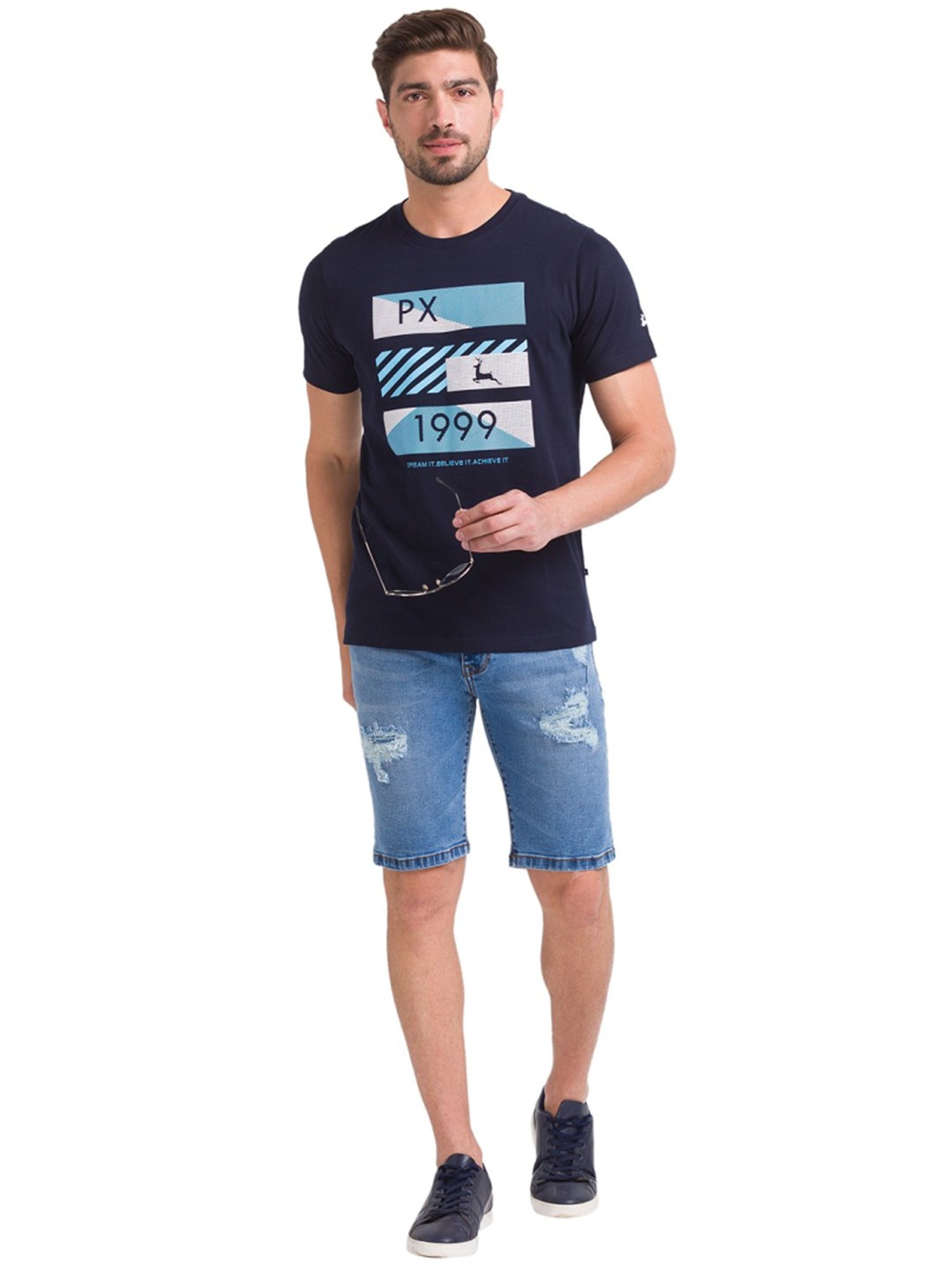Parx Blue Regular Fit Distressed Denim Shorts