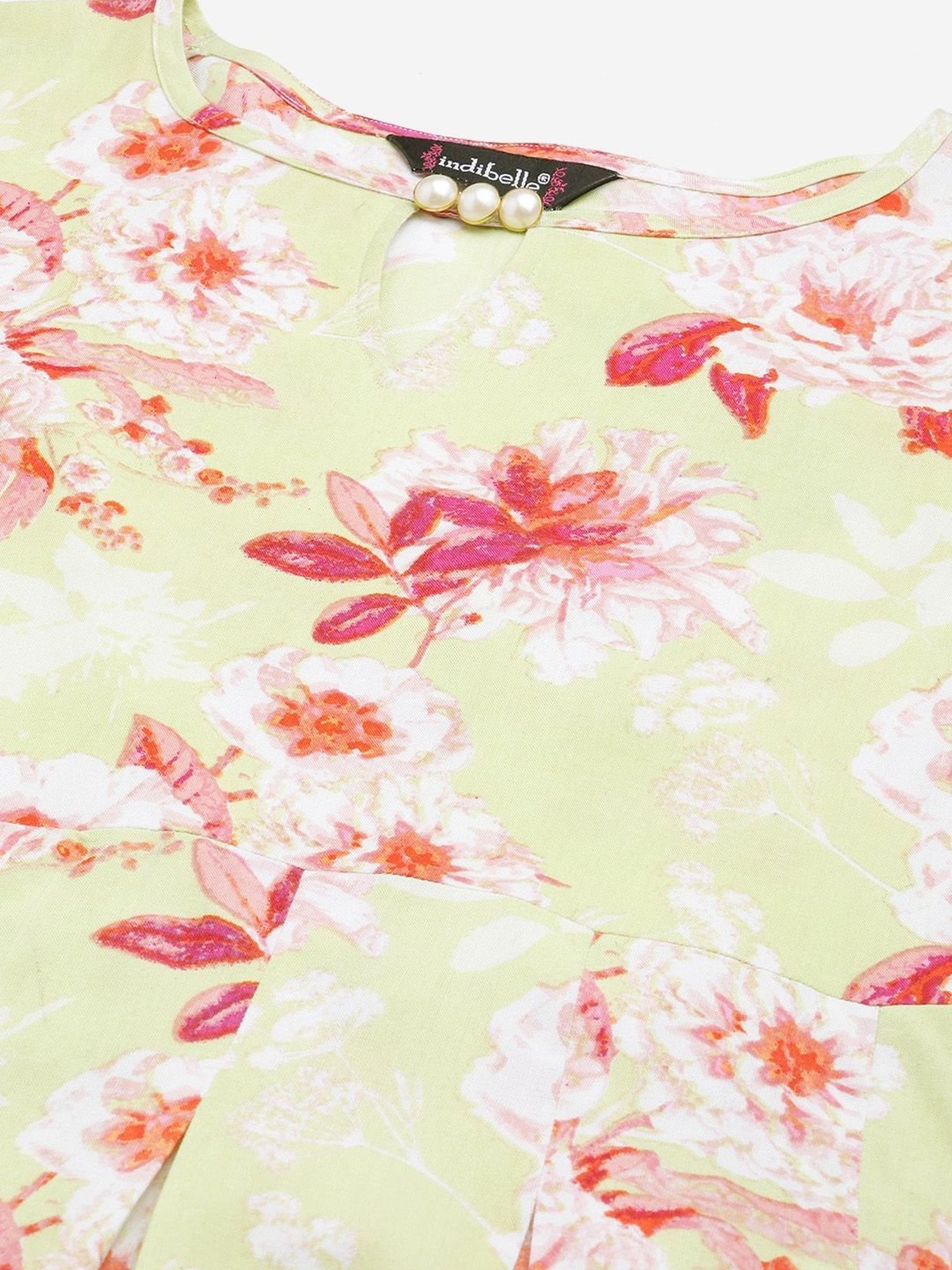 Indibelle Lime Green Floral Print A Line Kurta