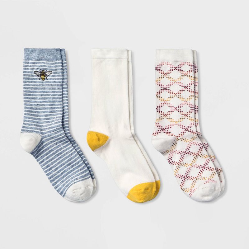 Women's Embroidered Bee 3pk Crew Socks - A New Day™ Heather Gray/Cream/Yellow 4-10