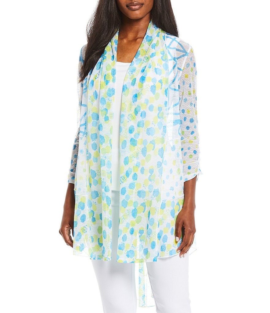 Multiples Dots & Squiggles Print Onionskin 3/4 Bungee Sleeve Open-Front Hi-Low Drapey Jacket