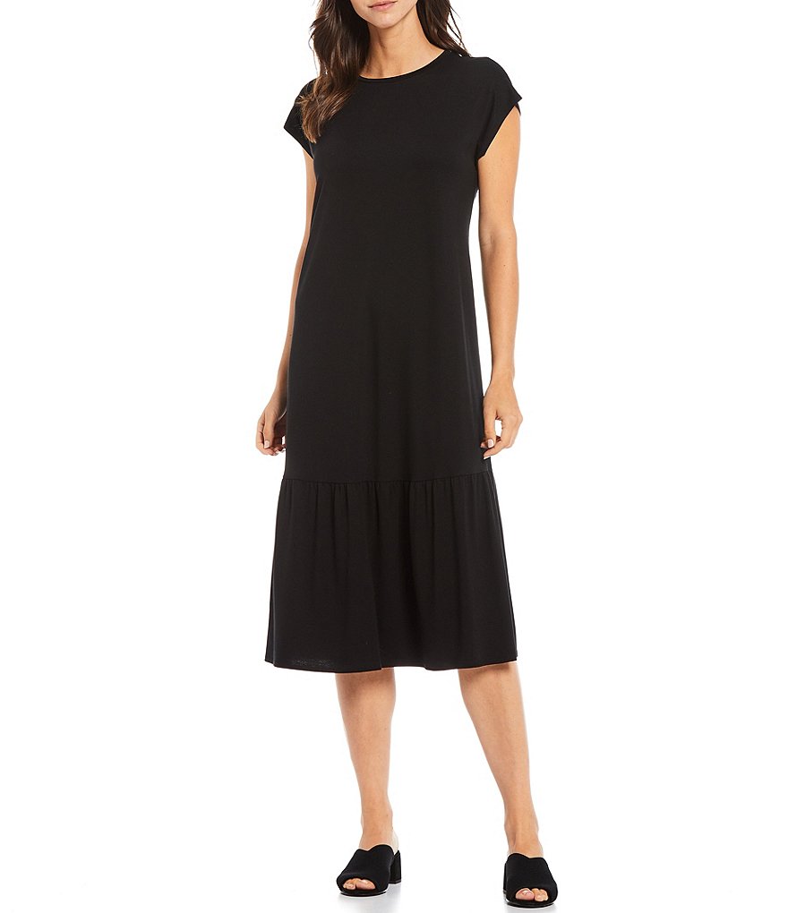 Eileen Fisher Tencel Jersey Crew Neck Gathered Full Length Swing Dress