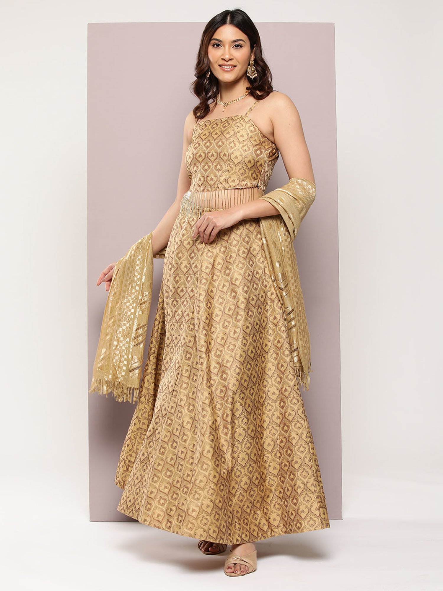 Jompers Gold Woven Lehenga Choli Set With Dupatta