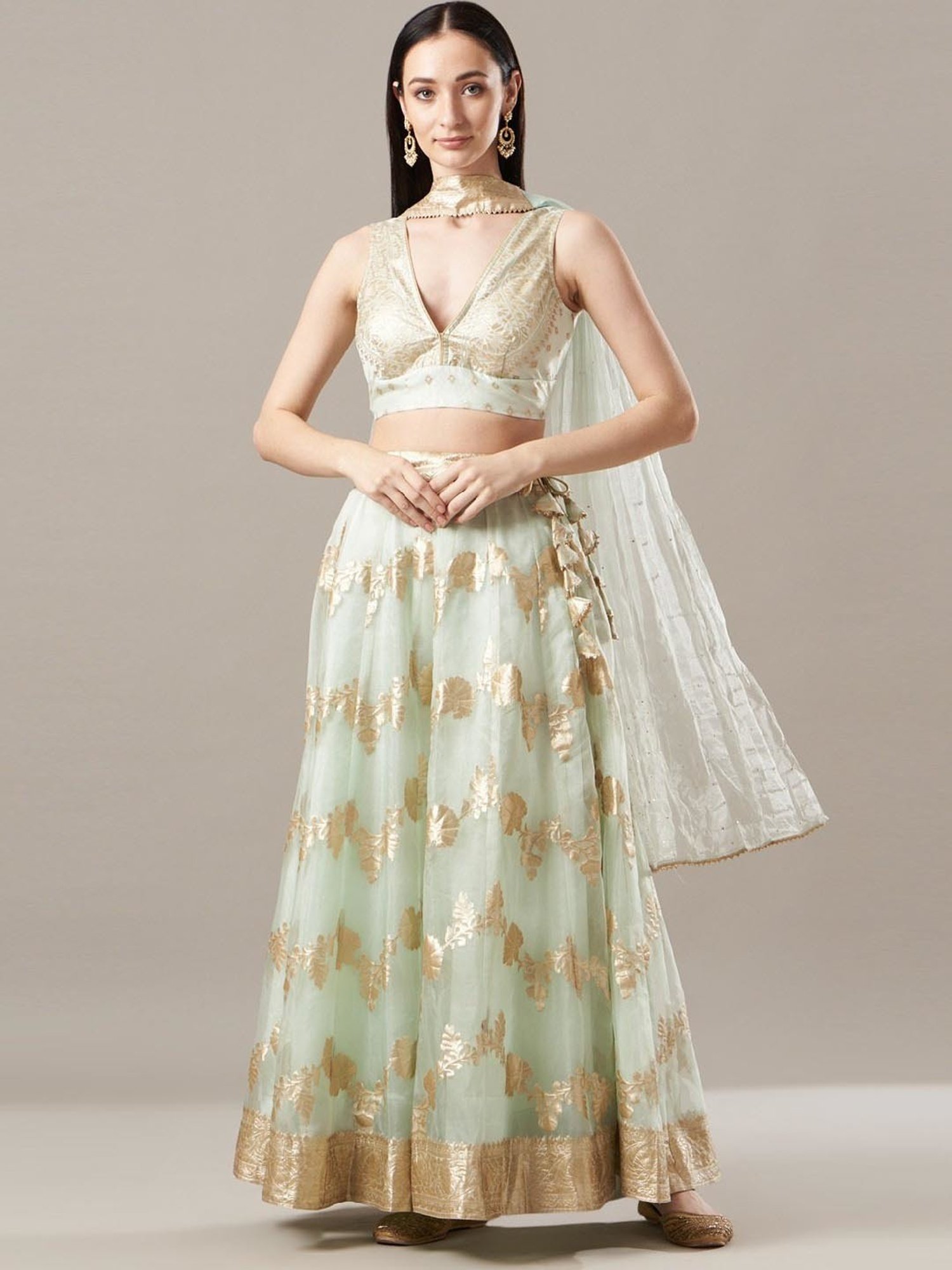 Geroo Jaipur Light Green Organza Banarasi Lehenga Set with Mukaish Dupatta