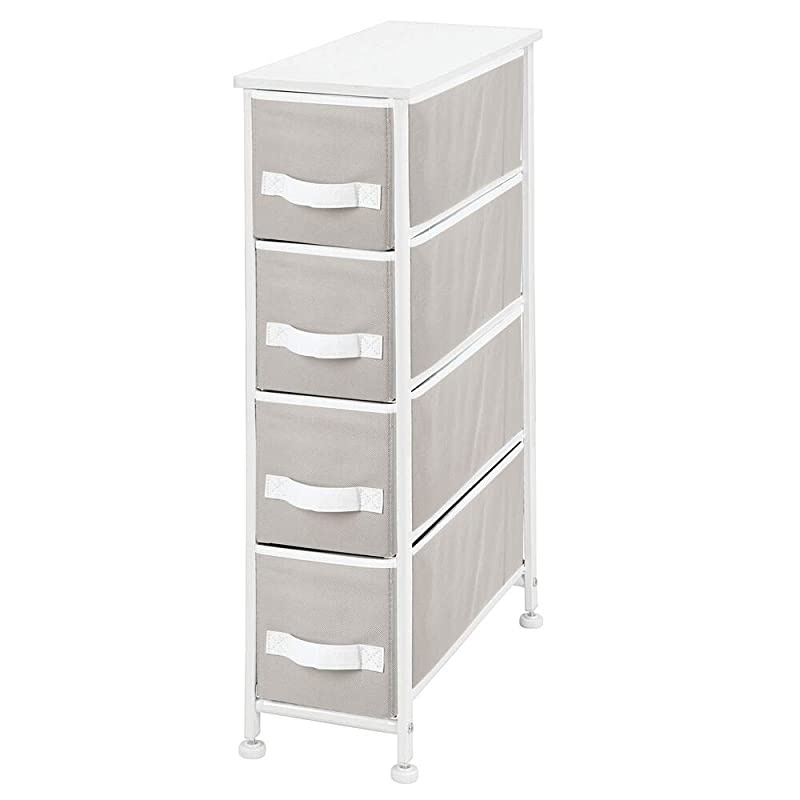 Narrow Vertical Dresser Storage Tower - Sturdy Metal Frame, Wood Top, Easy Pull Fabric Bins - Organizer Unit for Bedroom, Hallway, Entryway, Closet - 4 Drawers - Gray/White