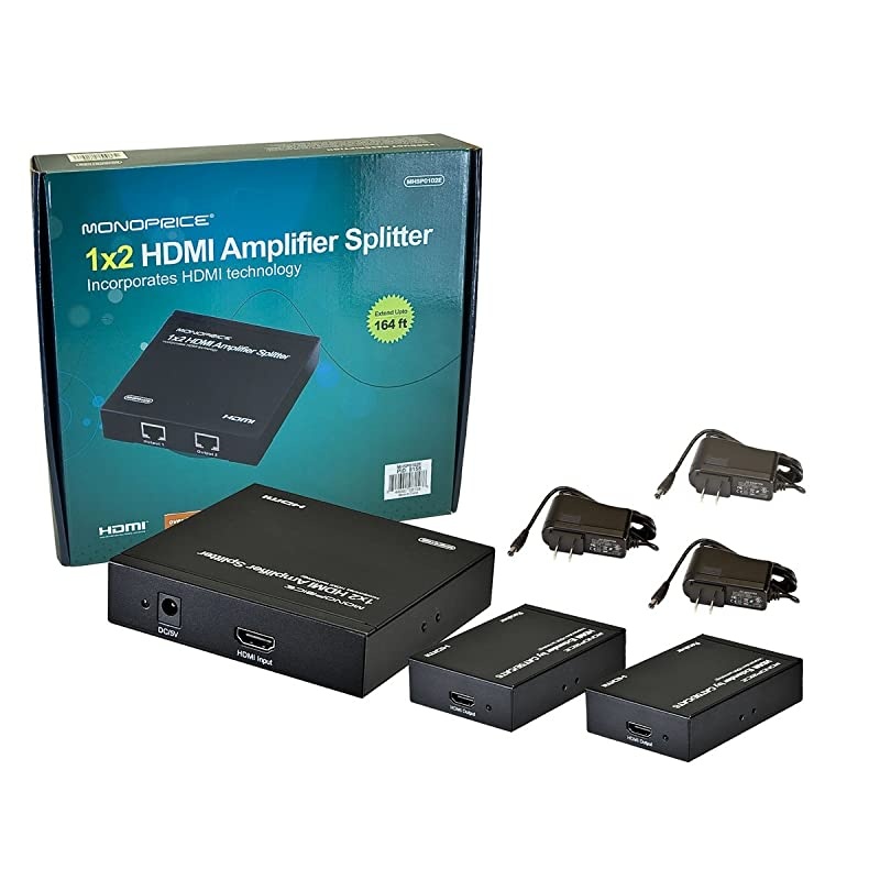 Monoprice HDMI Extender/1x2 Splitter - Over Cat5e/6 Cable, 1920x1080p, 165 MHz / 1.65 Gbps, Gold-Plated HDMI Connectors (Compatible with PS4/5 Xbox Apple TV Fire Stick Roku Blu-Ray Player) (108158)