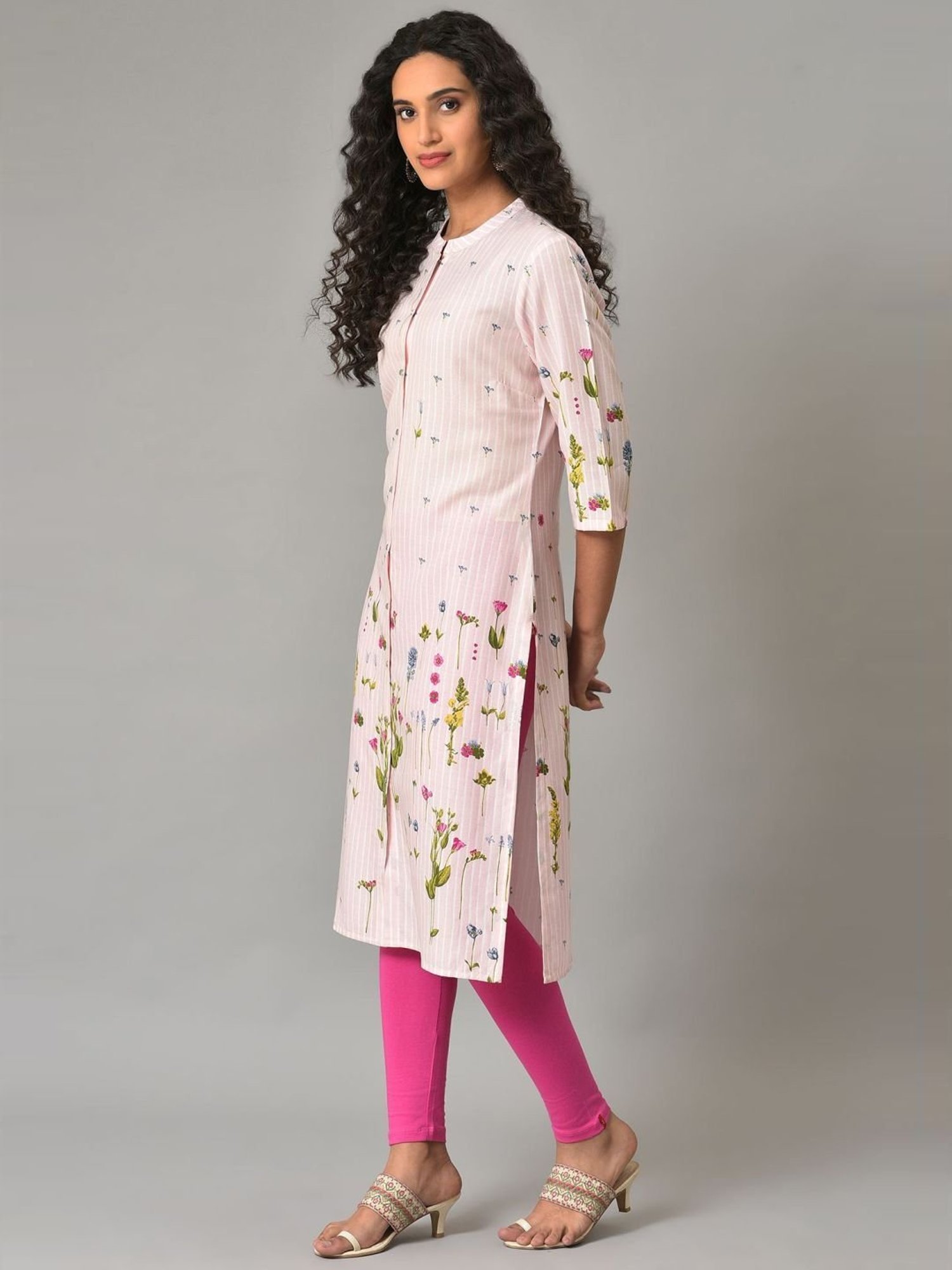 W Pink Floral Print Straight Kurta