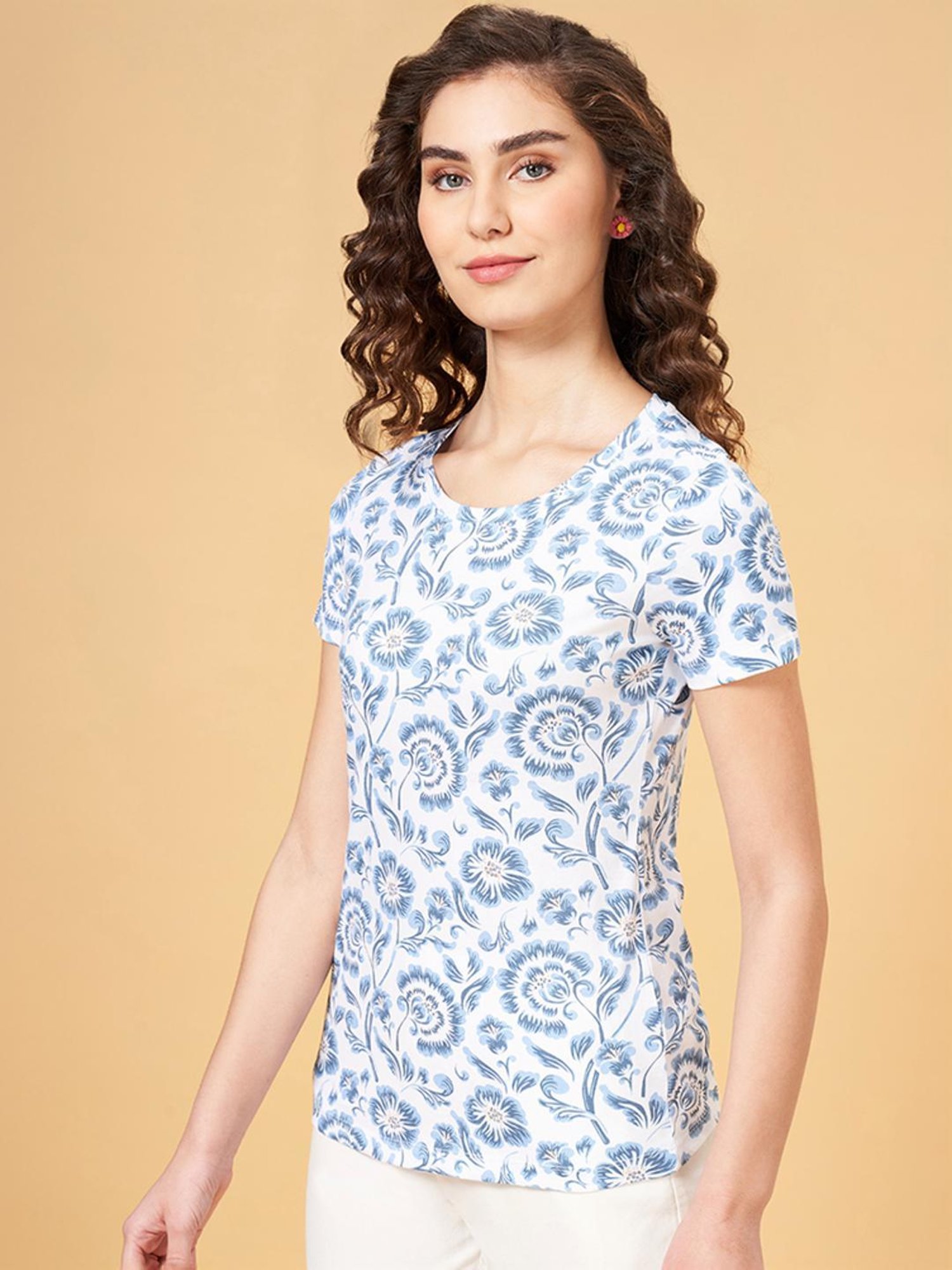 Honey by Pantaloons White & Blue Cotton Printed T-Shirt