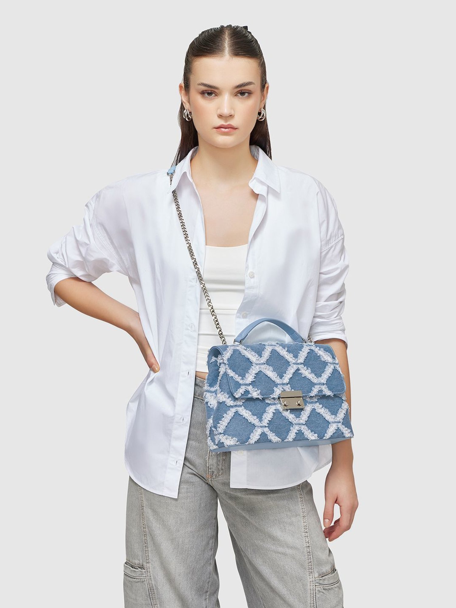 Miraggio Kristen Light Denim Medium Textured Shoulder Bag