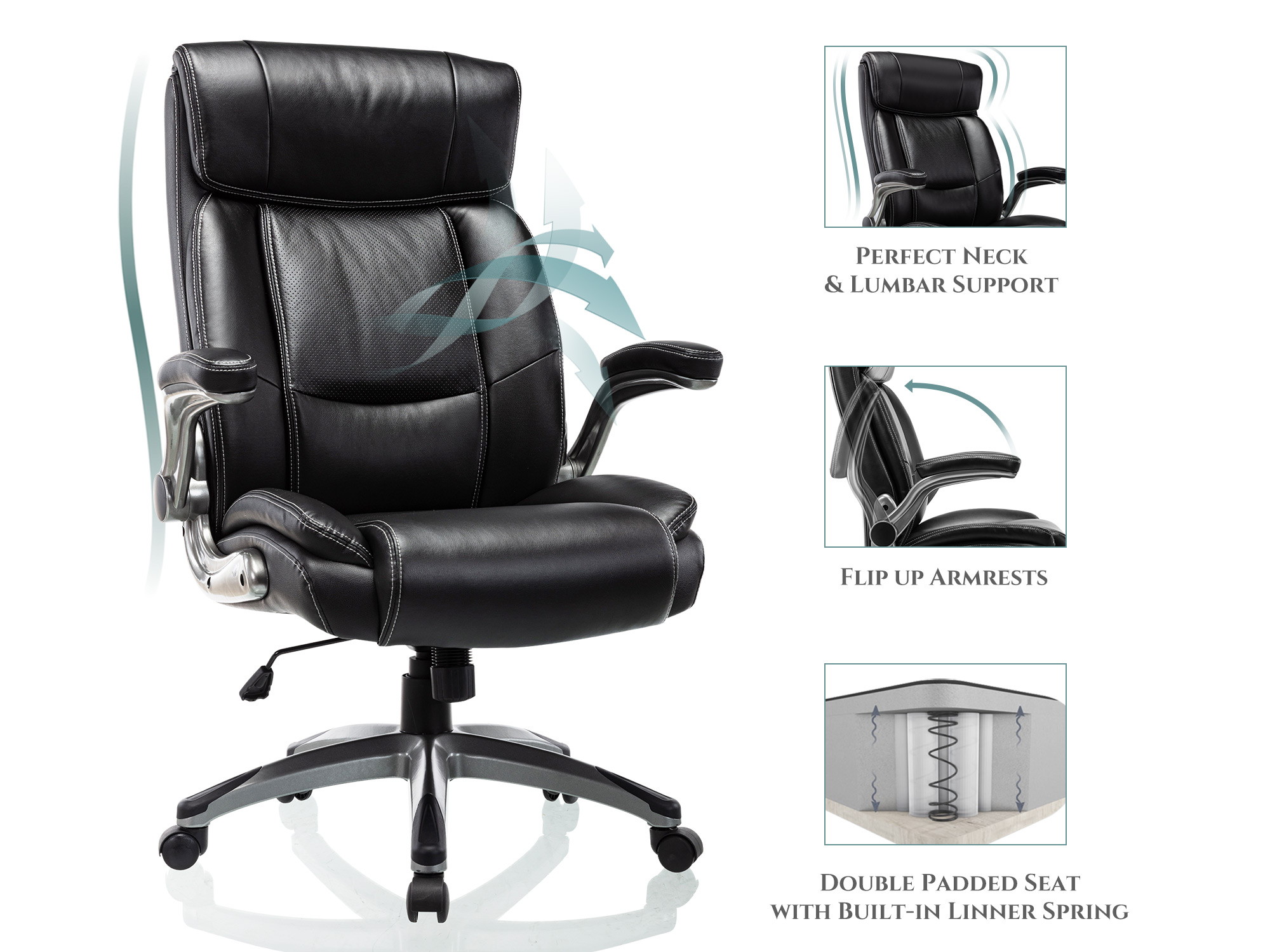 Height Adjustable High Back Computer Office Chair - Flip-Up Armrest Thick Padded Seat and Back Support, Swivel Bonded Leather Executive Task Chair