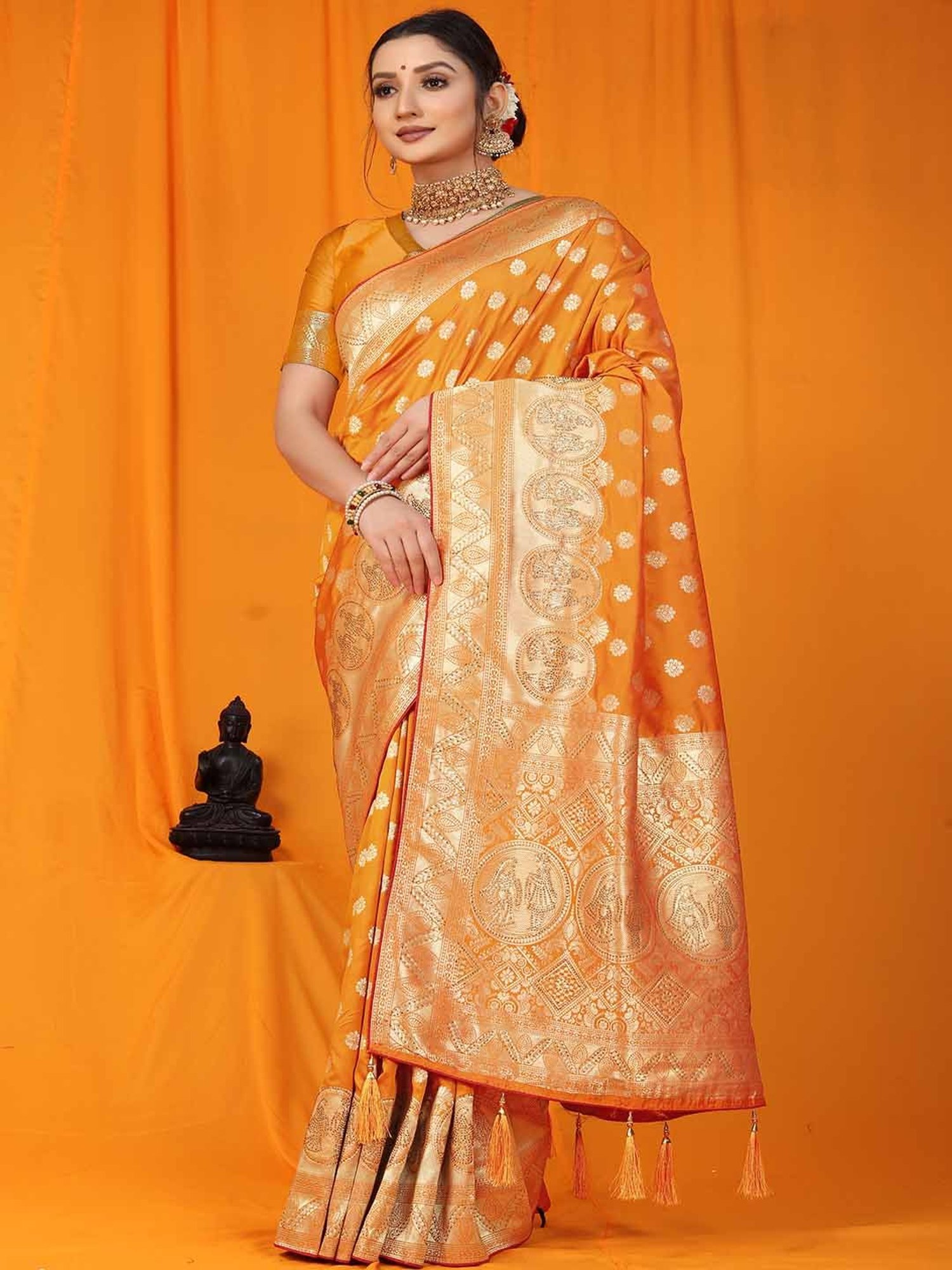 SHUBHKALA Yellow Silk Woven Saree With Unstitched Blouse