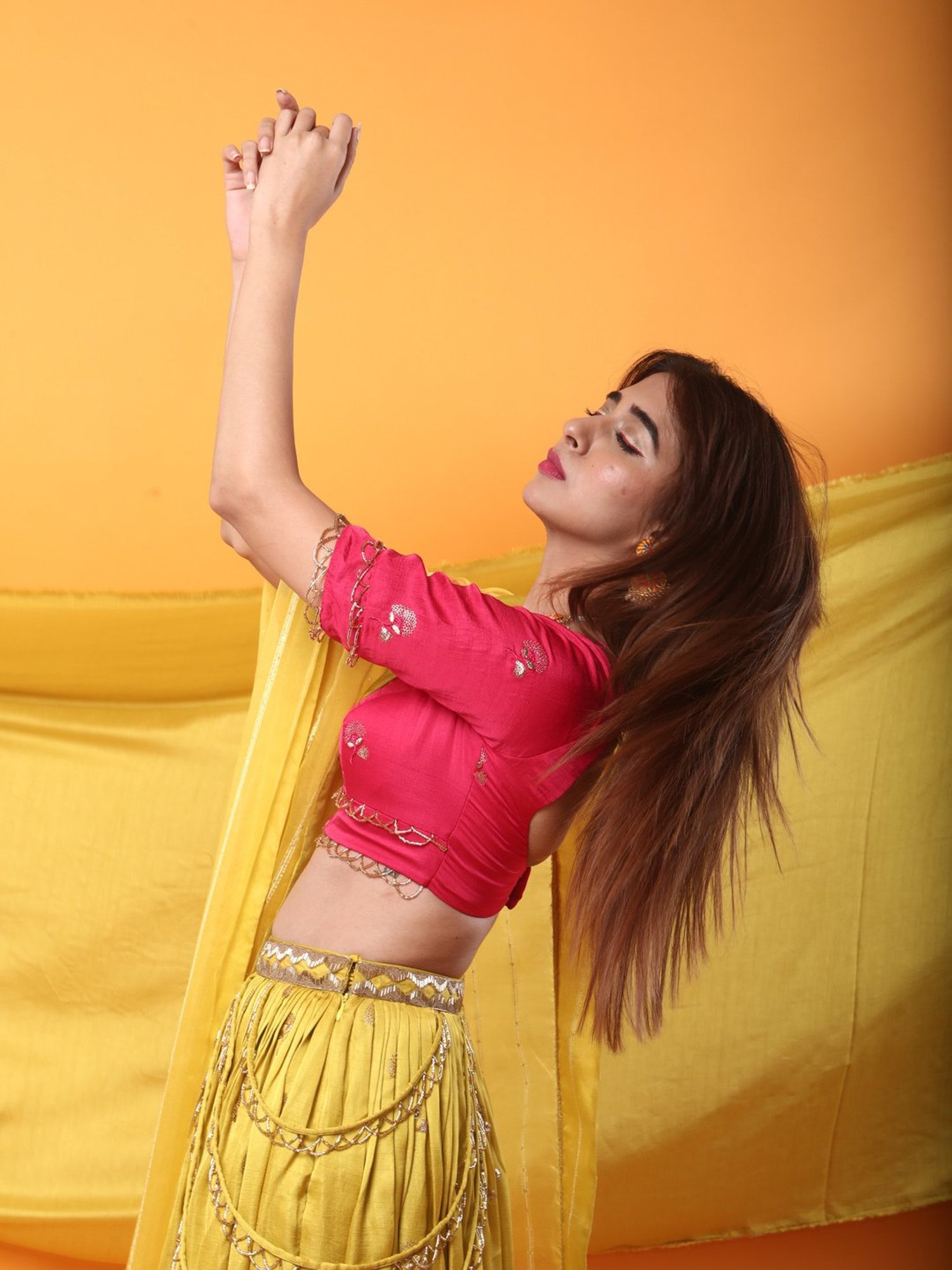 Monk & Mei Gulkari Lehenga and Blouse Set-Fuchsia Pink & Canary Yellow