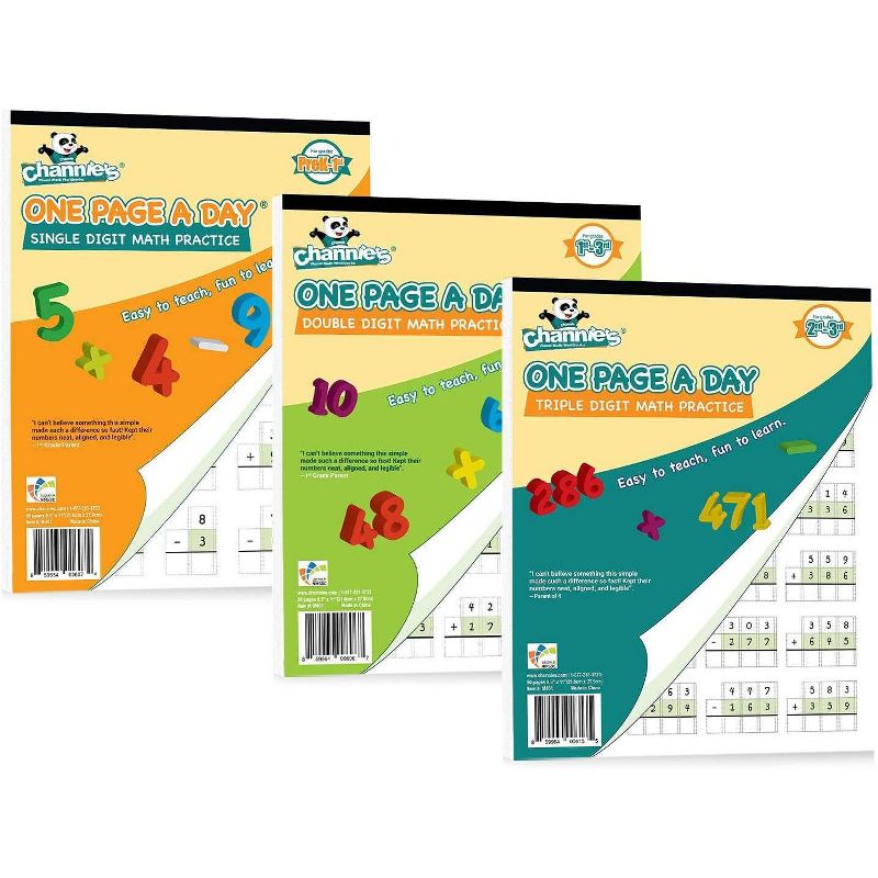 Channie's 3pk One Page a Day Single, Double, Triple Digit Math Worksheets - 2-4th Grades