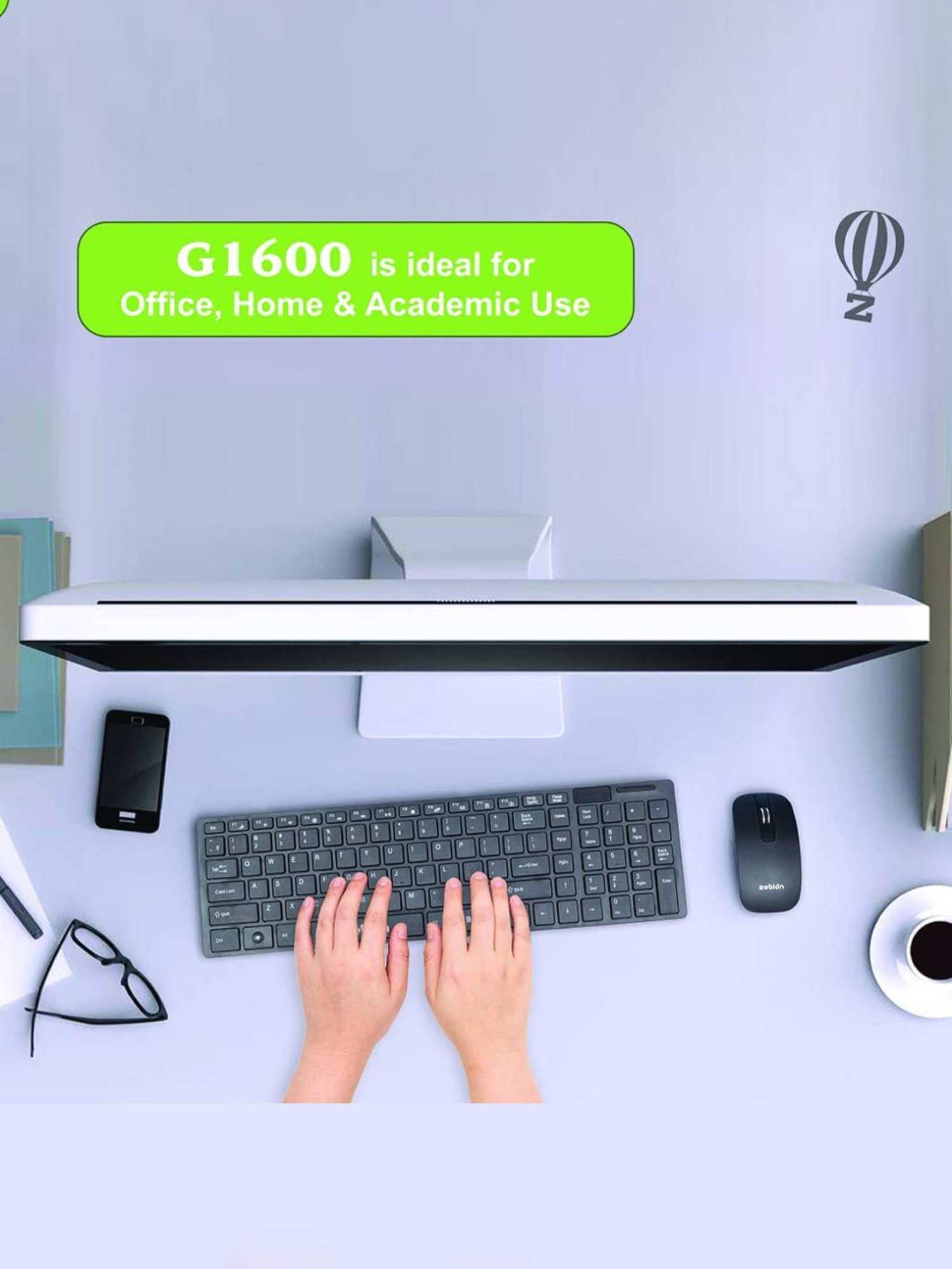 Zebion G1600 Wireless Keyboard Mouse Combo and Pronto 101 USB HUB (Black)