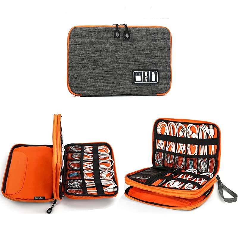 Electronics Organizer,  Electronic Accessories Cable Organizer Bag Waterproof Travel Cable Storage Bag for Charging Cable, Cellphone, Mini Tablet (Up to 7.9'') and More (Orange and Gray)