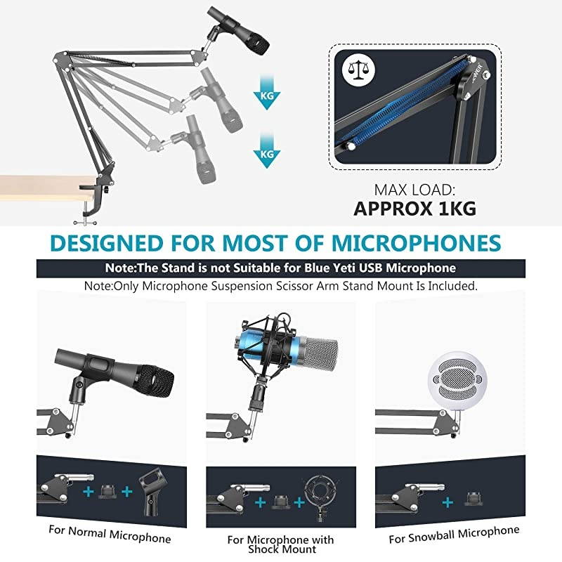 Adjustable Microphone Suspension Boom Scissor Arm Stand Max Load 1 KG Compact Mic Stand Made of Durable Steel for Radio Broadcasting Studio VoiceOver Sound Studio Stages and TV Stations