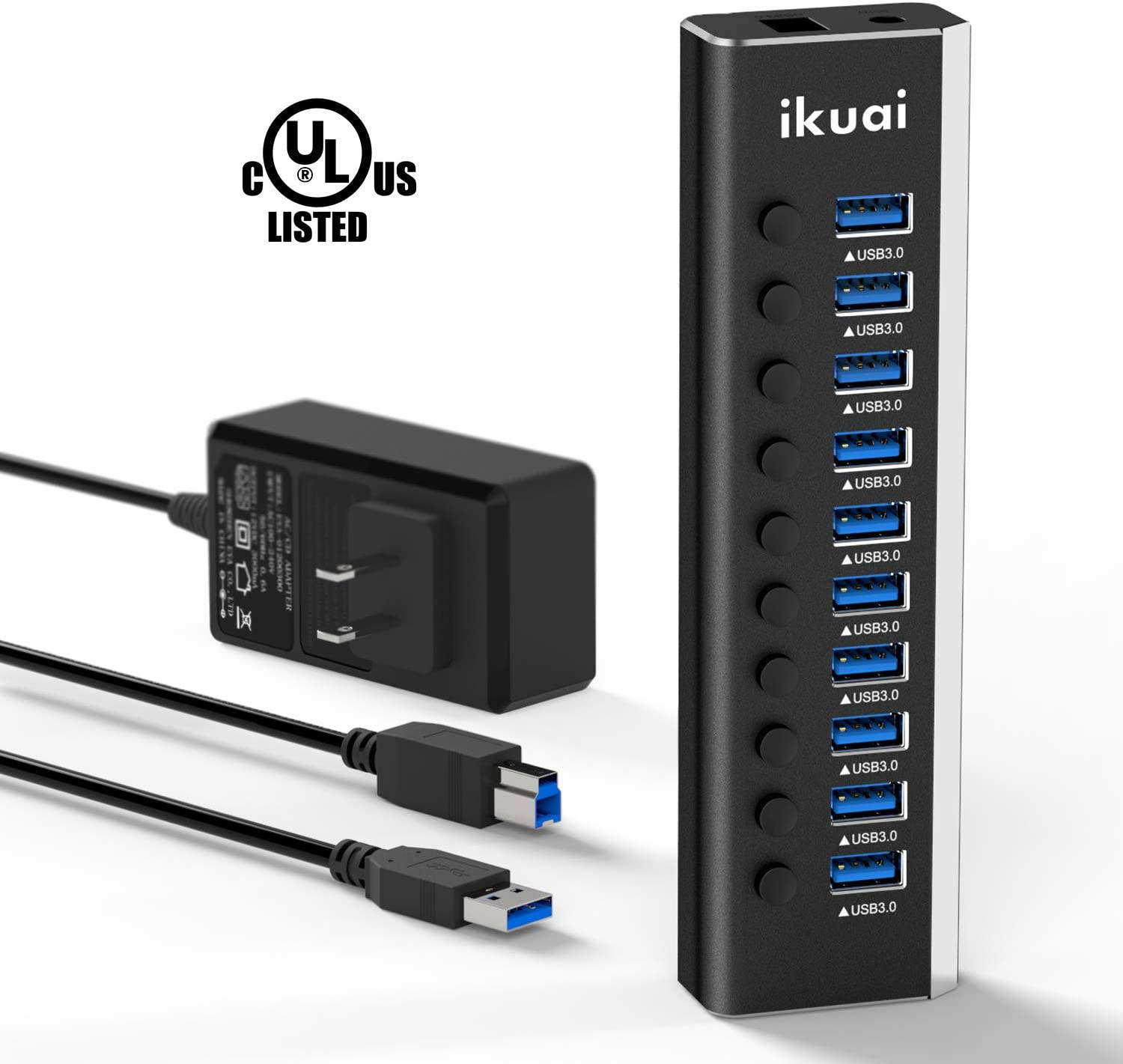 Powered USB Hub 3.0, 10 Port USB 3.0 Data Hub Aluminum USB Splitter with 36W(12V/3A) Power Adapter and Individual On/Off Switches (Black)