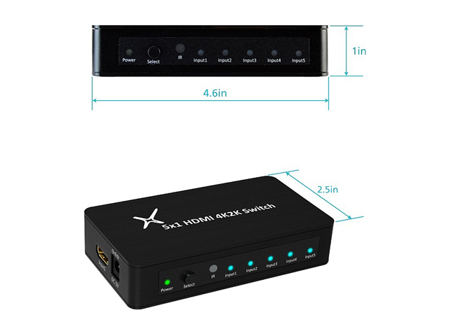 XtremPro 11007 HDMI Switch Ultra Slim 5x1 Ports, 5 in 1 out Aluminium w/ IR Remote & AC Adapter, Supports HDTV, 4K2K 1080P, 720P, Full 3D for PS, Xbox, Nintendo, Projector - Black