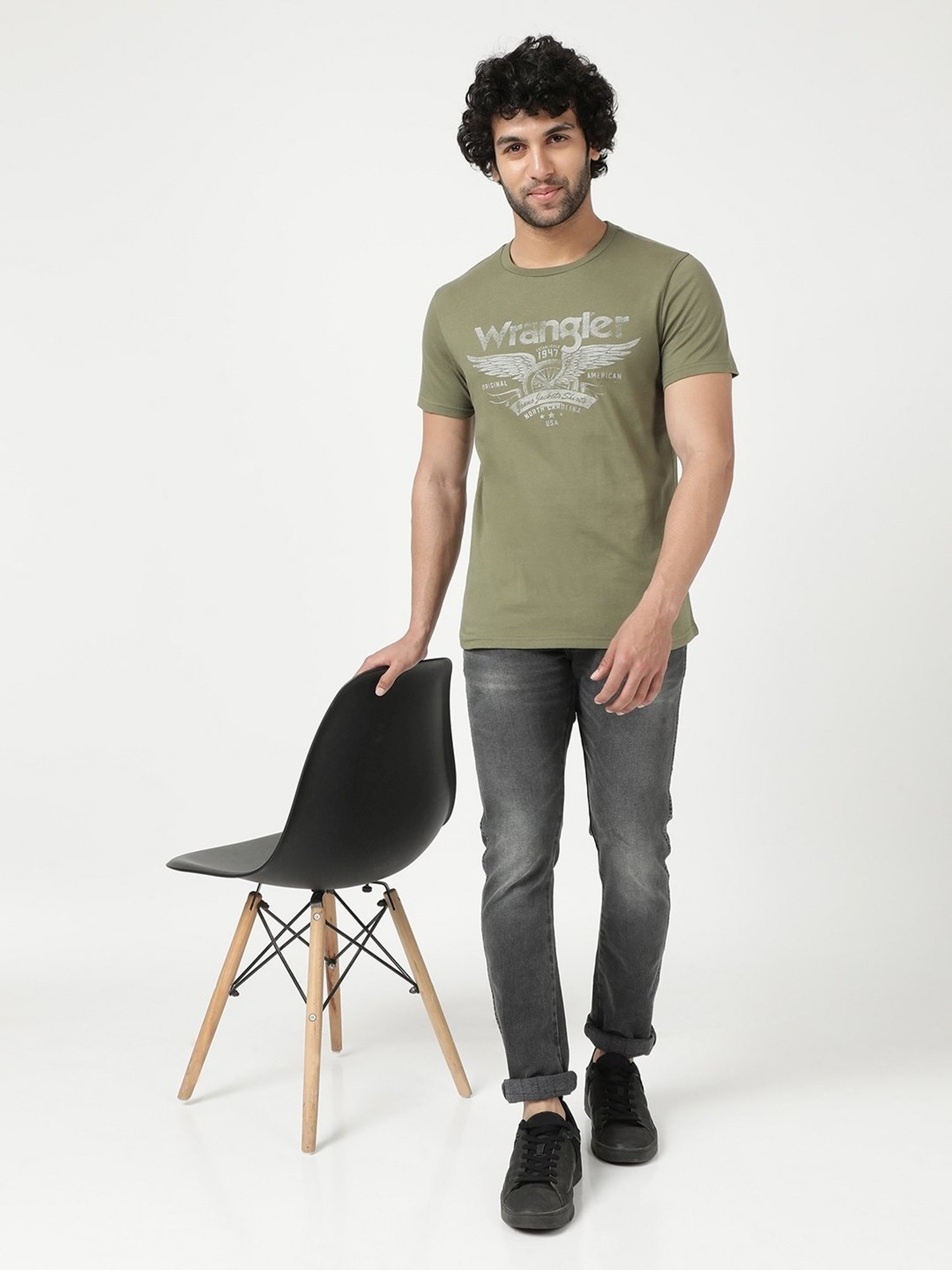 Wrangler Olive Cotton Regular Fit Printed T-Shirt