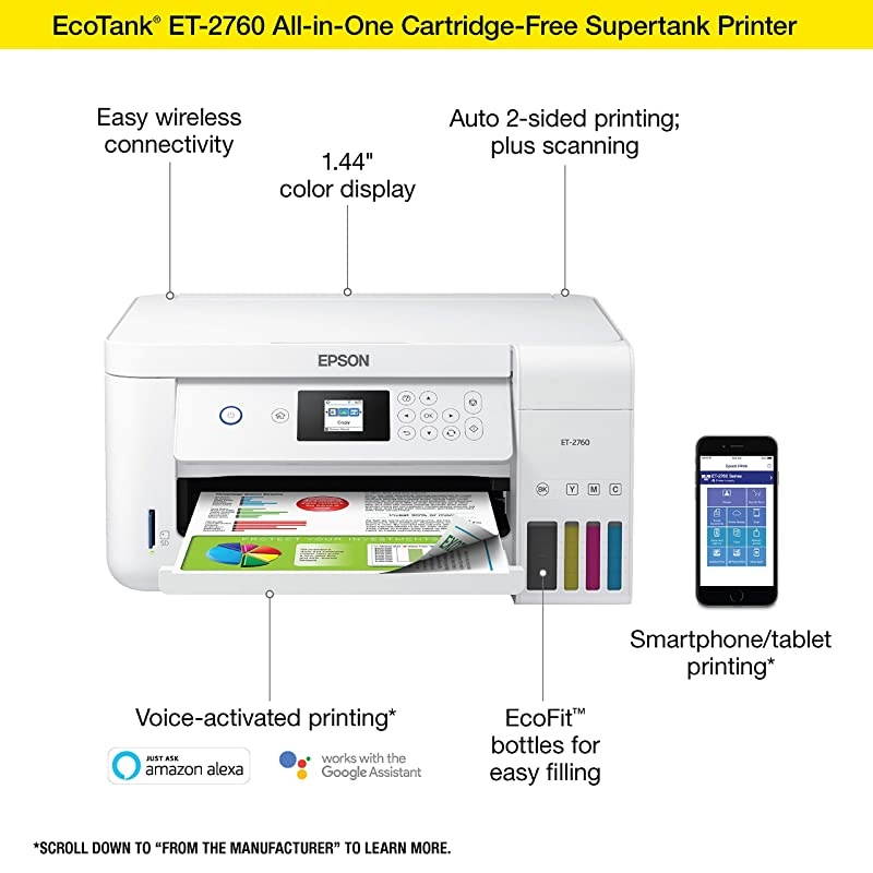 EcoTank ET-2760 Wireless Color All-in-One Cartridge-Free Supertank Printer with Scanner and Copier