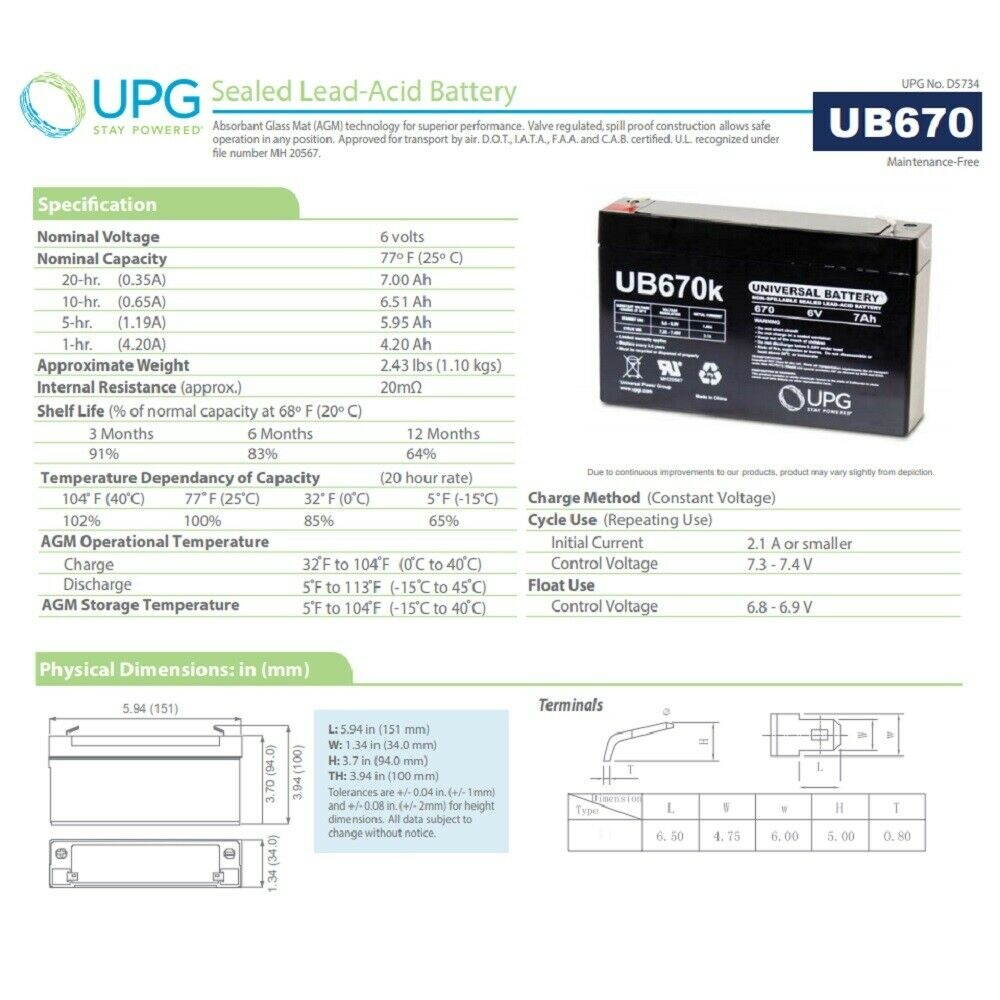 NEW 2 PACK UPG UB670 6V 7AH UPS Battery Emergi Lite 12M9